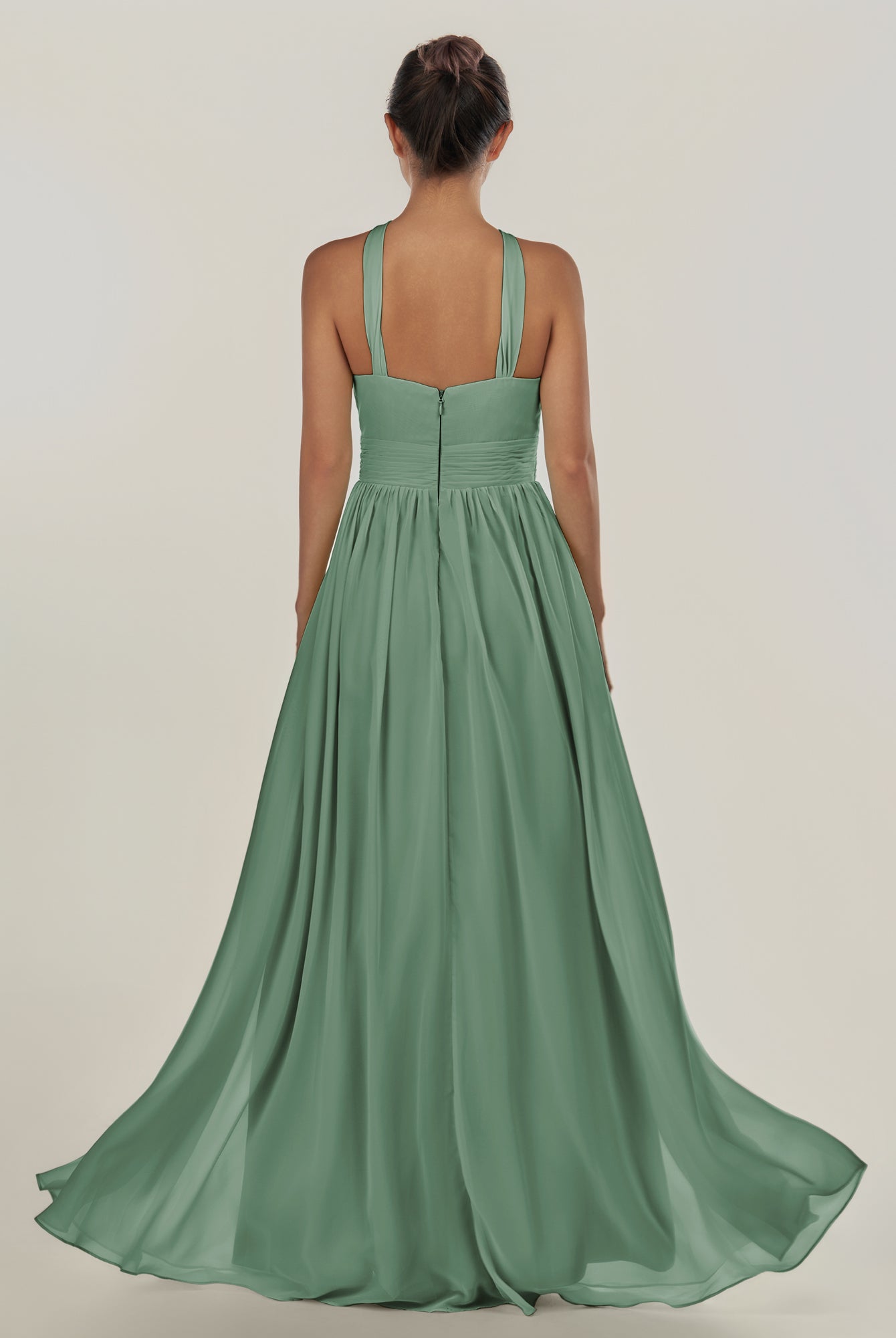 KissDress-Ciri Sea Glass A Line Chiffon Halter Neck Pleated Long Bridesmaid Dress with Slit