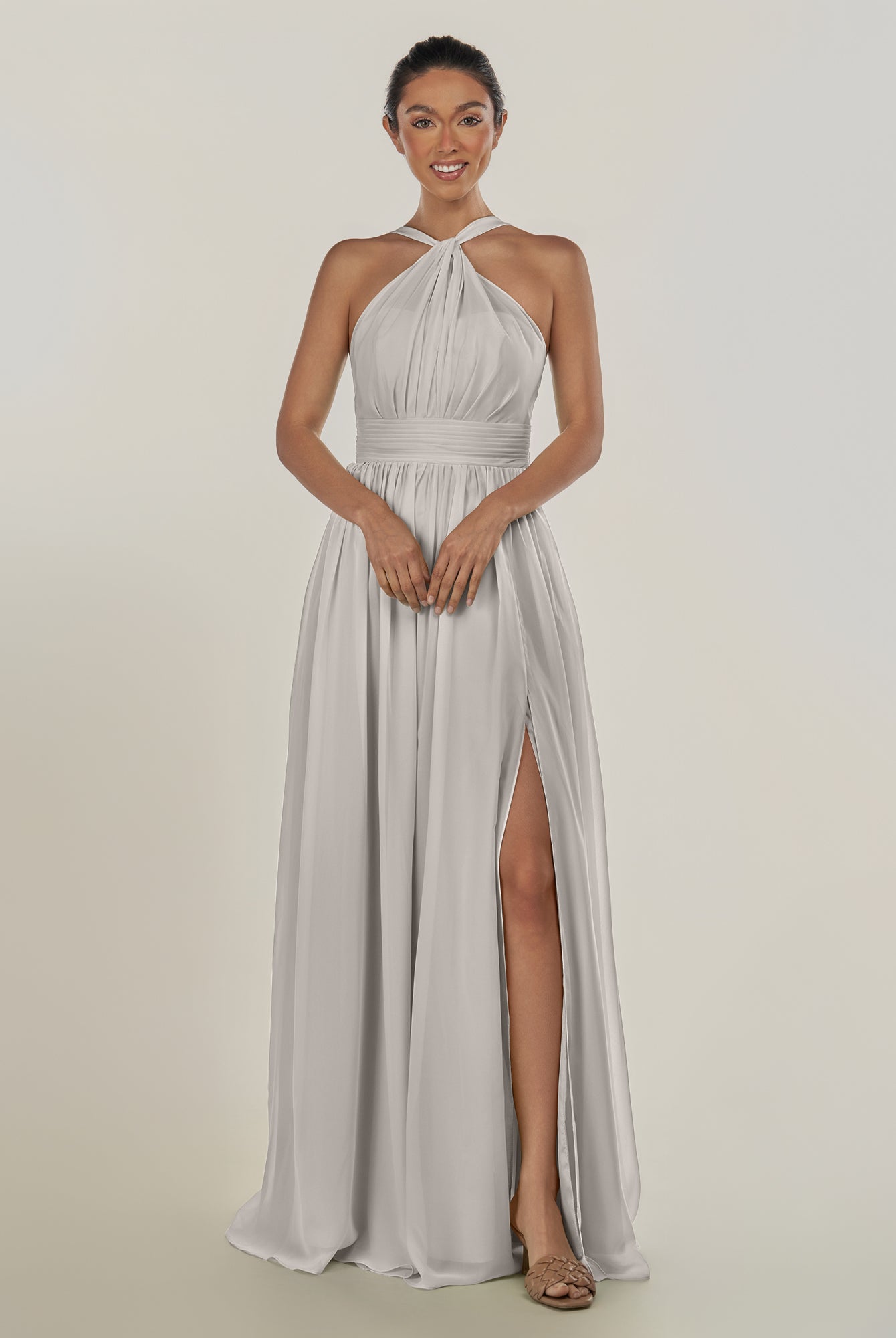 KissDress-Ciri Silver A Line Chiffon Halter Neck Pleated Long Bridesmaid Dress with Slit