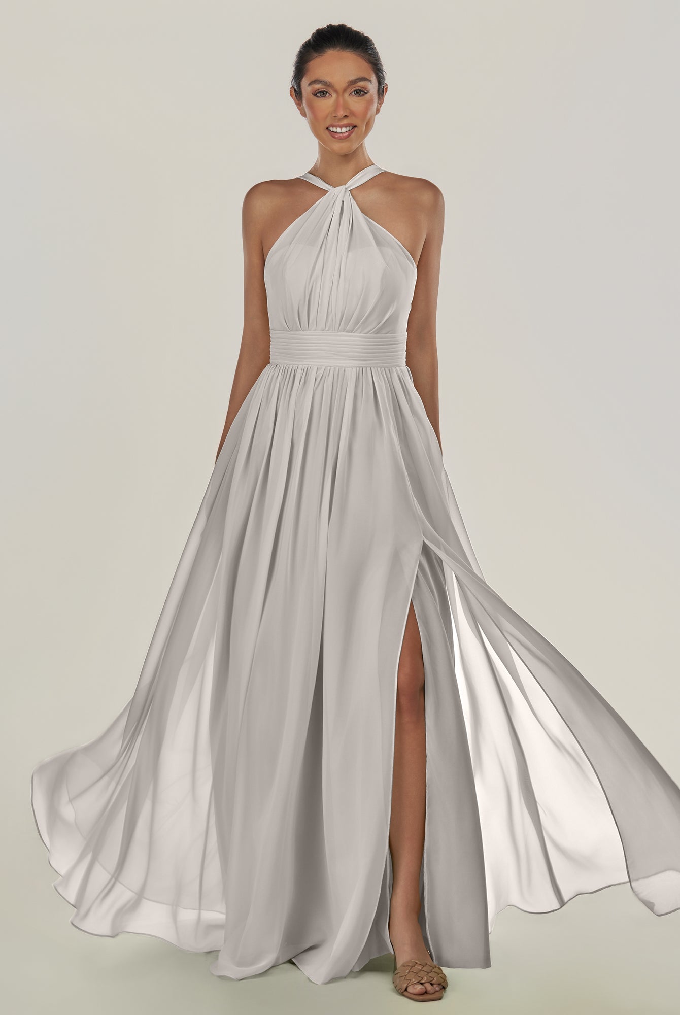 KissDress-Ciri Silver A Line Chiffon Halter Neck Pleated Long Bridesmaid Dress with Slit