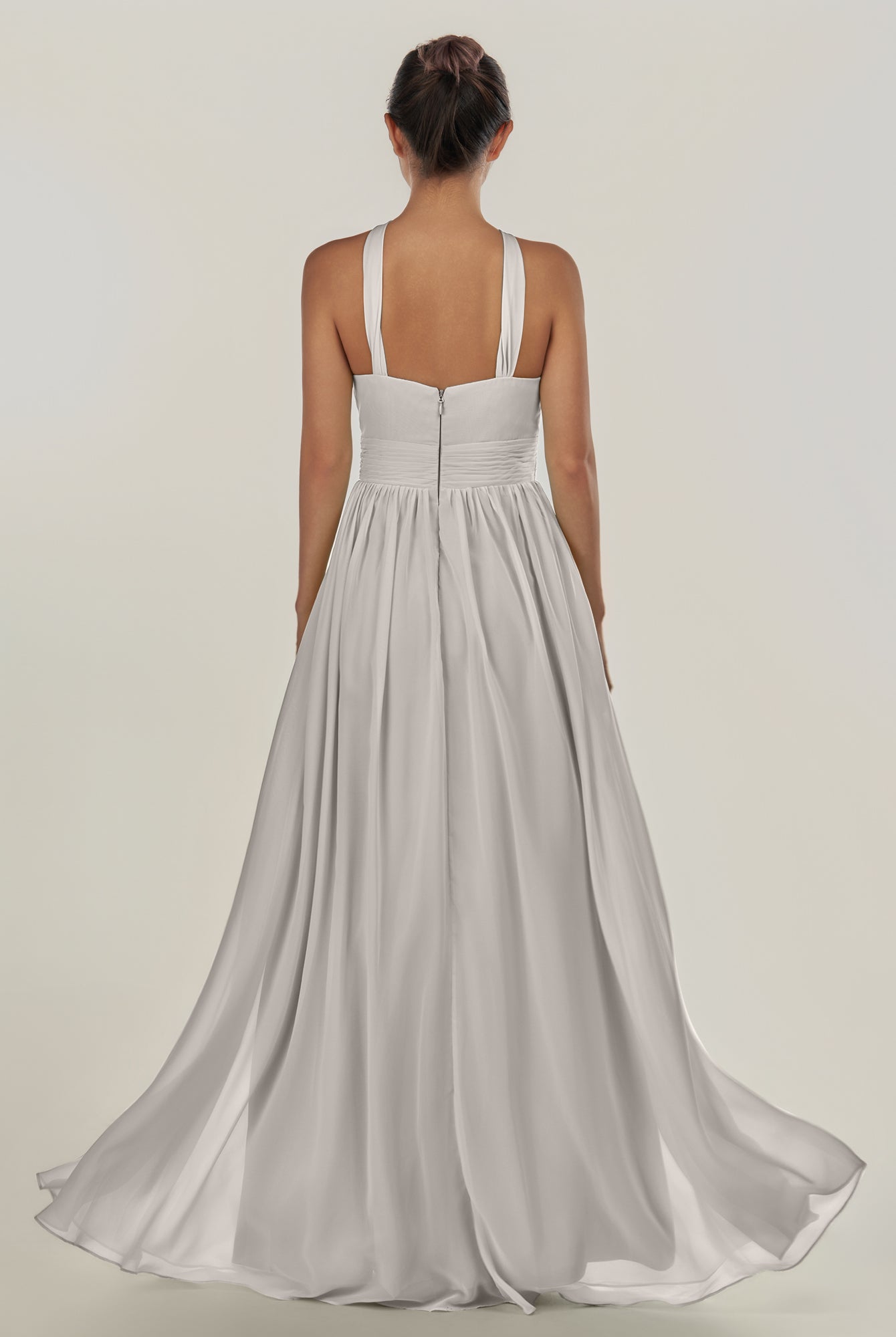 KissDress-Ciri Silver A Line Chiffon Halter Neck Pleated Long Bridesmaid Dress with Slit