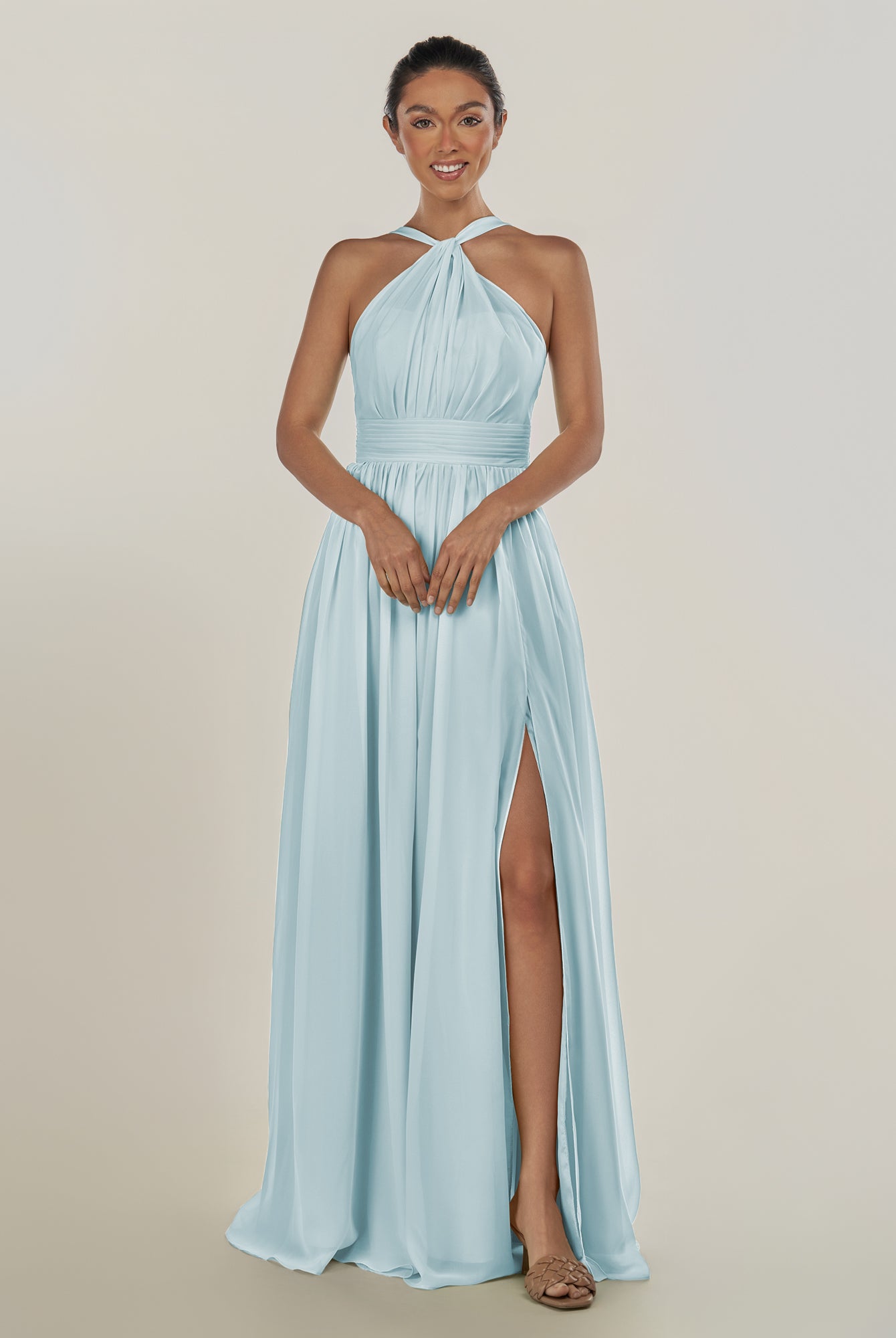 KissDress-Ciri Sky Blue A Line Chiffon Halter Neck Pleated Long Bridesmaid Dress with Slit