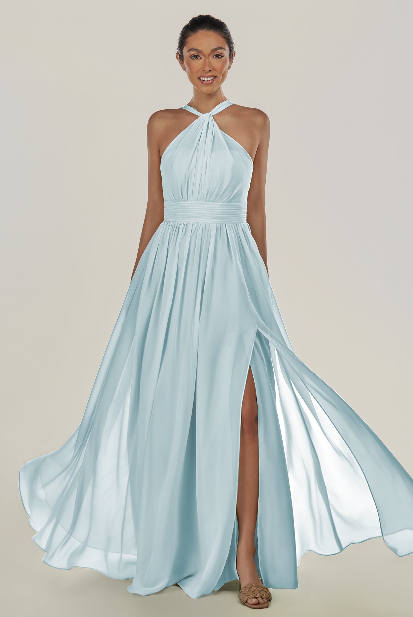 KissDress-Ciri Sky Blue A Line Chiffon Halter Neck Pleated Long Bridesmaid Dress with Slit