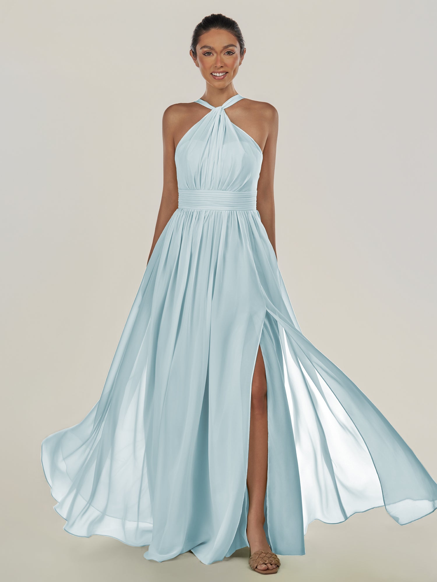 KissDress-Ciri Sky Blue A Line Chiffon Halter Neck Pleated Long Bridesmaid Dress with Slit