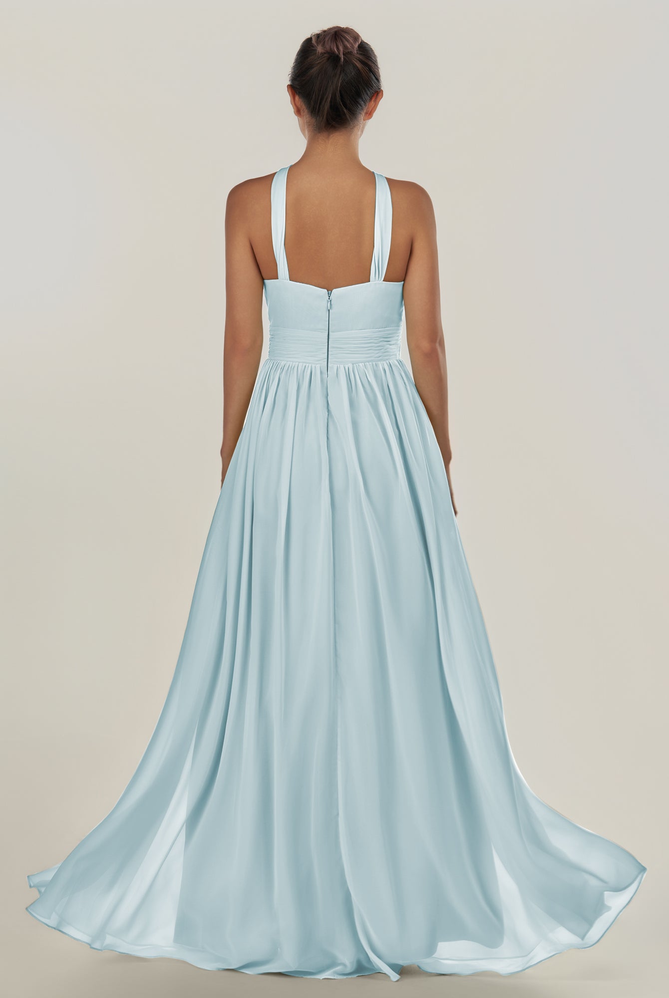 KissDress-Ciri Sky Blue A Line Chiffon Halter Neck Pleated Long Bridesmaid Dress with Slit