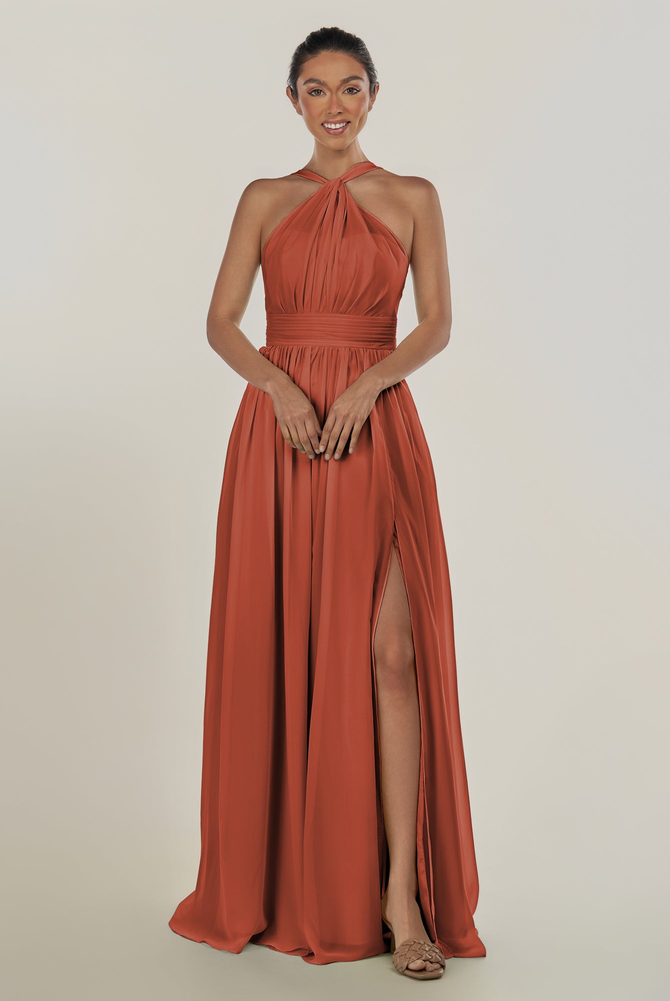 KissDress-Ciri Spice A Line Chiffon Halter Neck Pleated Long Bridesmaid Dress with Slit