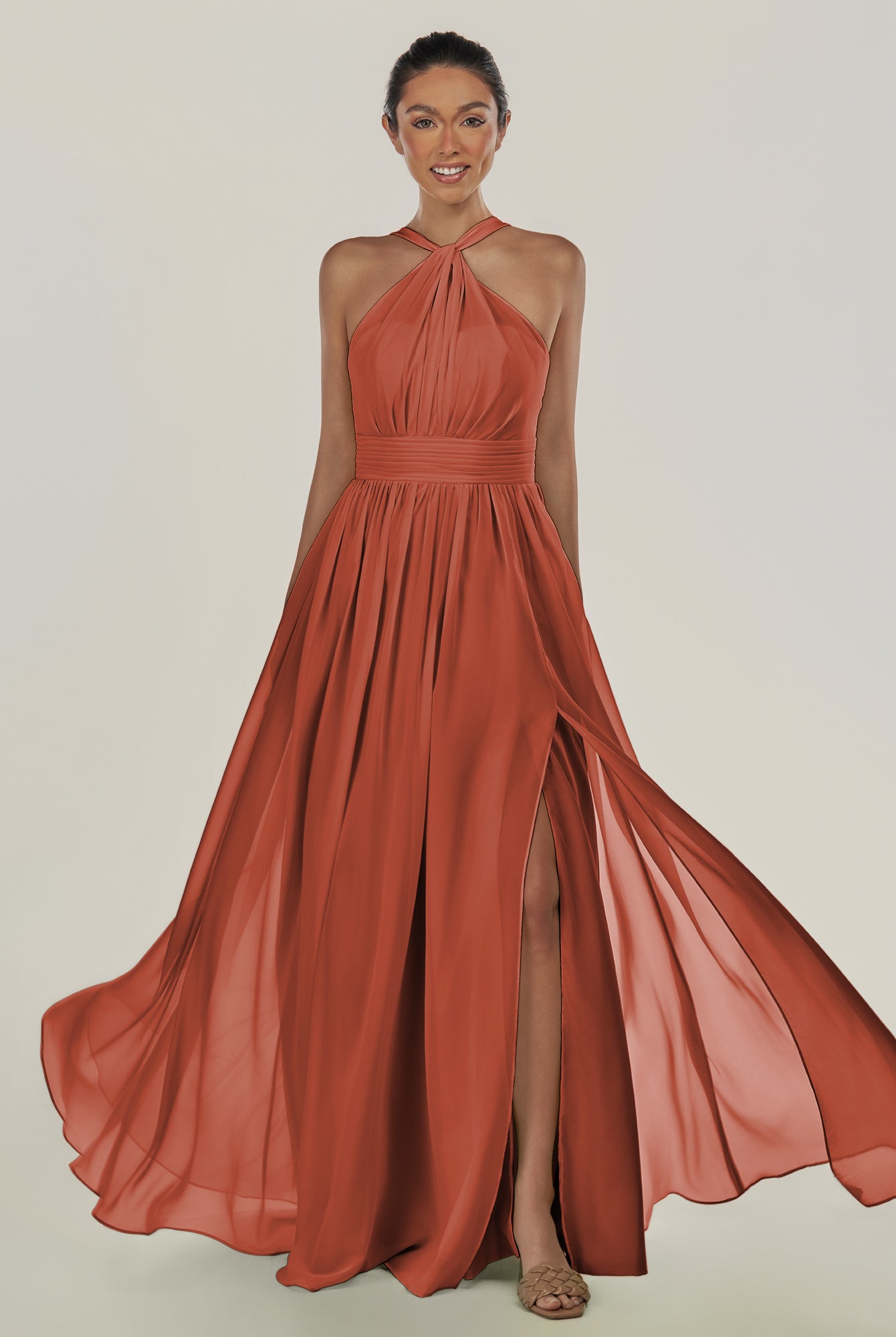 KissDress-Ciri Spice A Line Chiffon Halter Neck Pleated Long Bridesmaid Dress with Slit