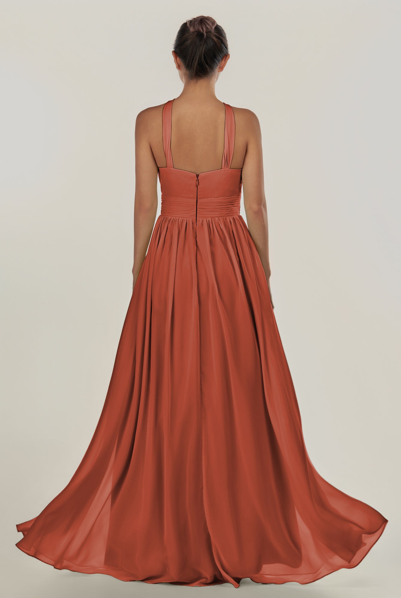 KissDress-Ciri Spice A Line Chiffon Halter Neck Pleated Long Bridesmaid Dress with Slit
