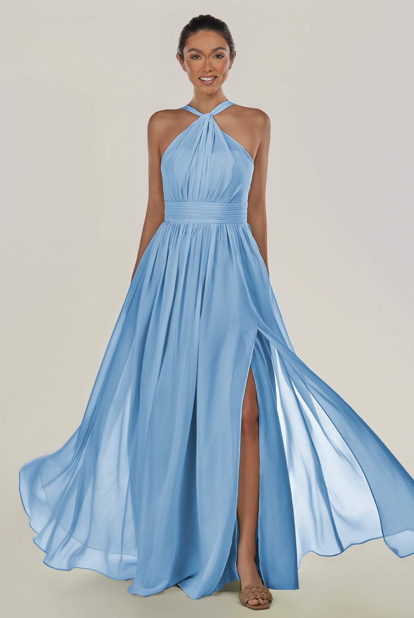 KissDress-Ciri Steel Blue A Line Chiffon Halter Neck Pleated Long Bridesmaid Dress with Slit