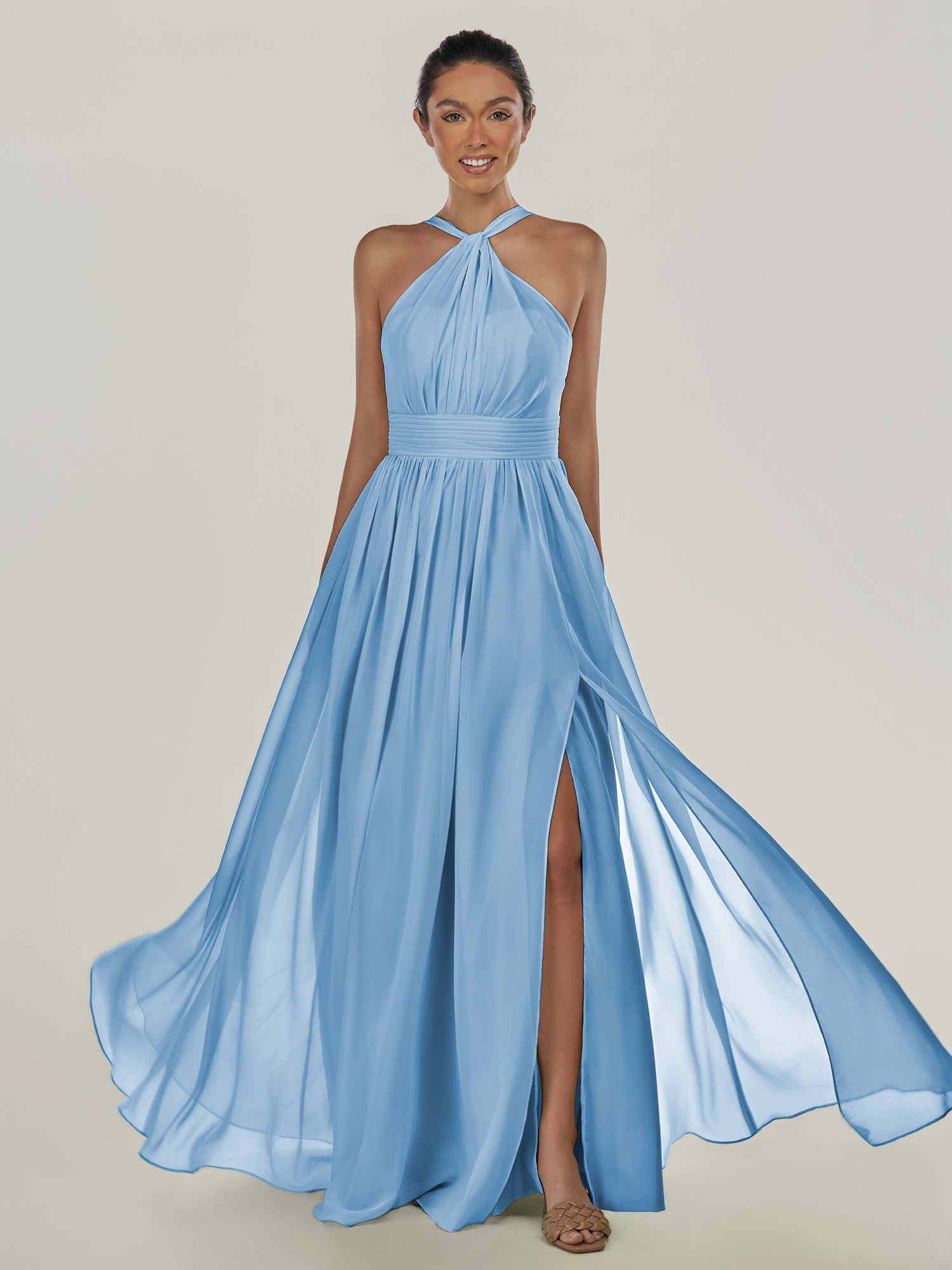 KissDress-Ciri Steel Blue A Line Chiffon Halter Neck Pleated Long Bridesmaid Dress with Slit