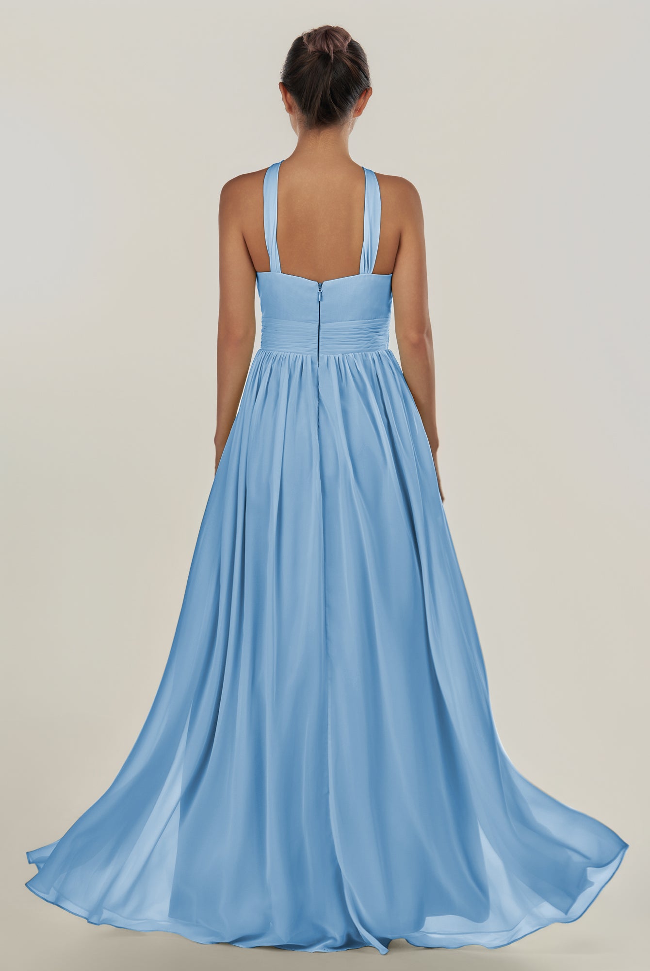 KissDress-Ciri Steel Blue A Line Chiffon Halter Neck Pleated Long Bridesmaid Dress with Slit