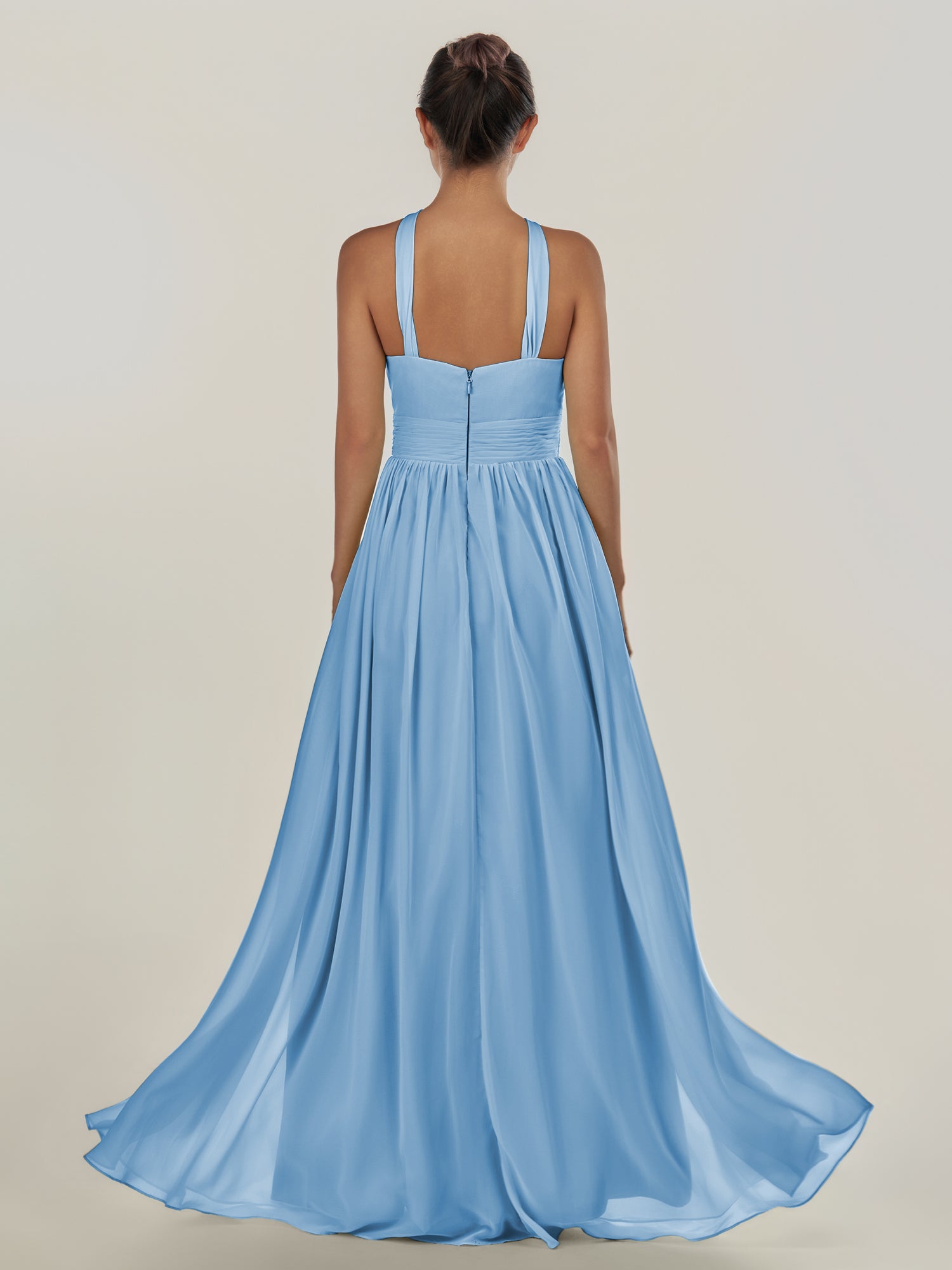 KissDress-Ciri Steel Blue A Line Chiffon Halter Neck Pleated Long Bridesmaid Dress with Slit