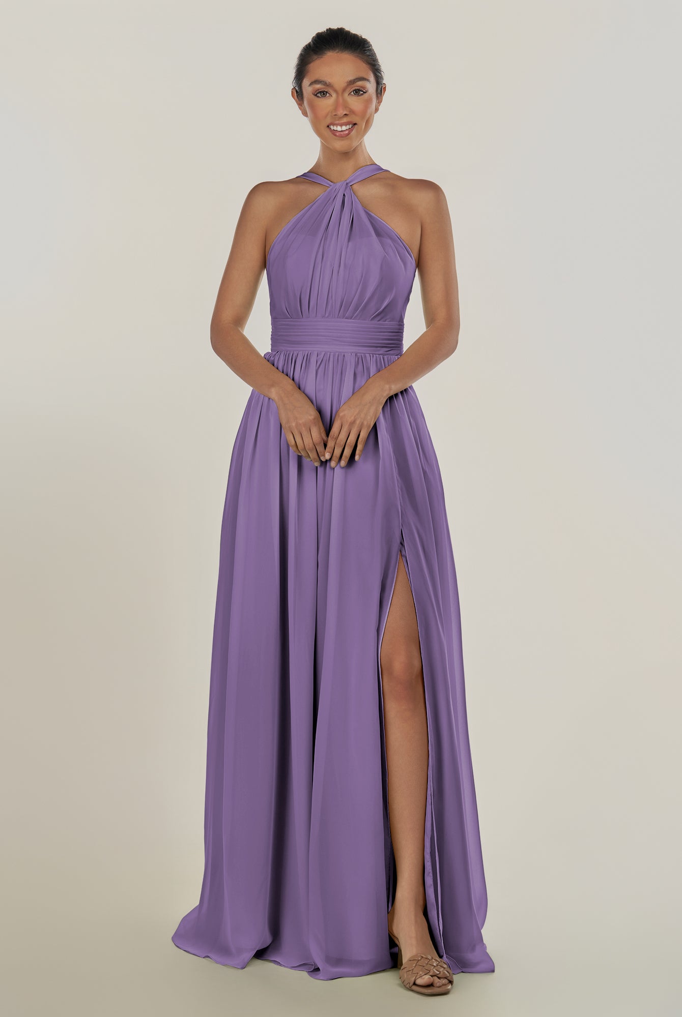 KissDress-Ciri Tahiti A Line Chiffon Halter Neck Pleated Long Bridesmaid Dress with Slit