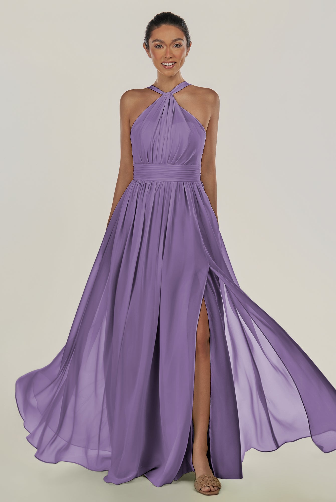 KissDress-Ciri Tahiti A Line Chiffon Halter Neck Pleated Long Bridesmaid Dress with Slit