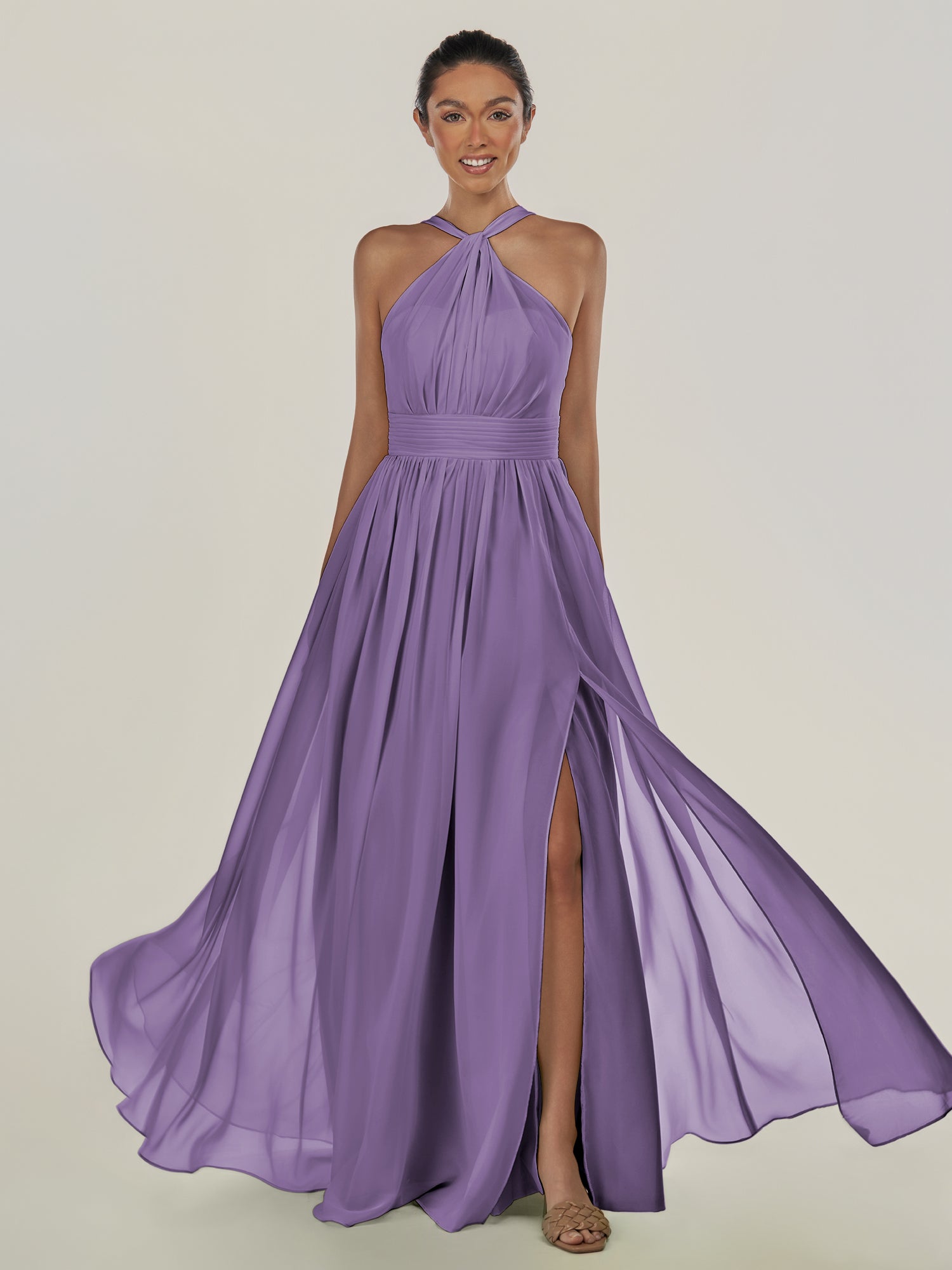 KissDress-Ciri Tahiti A Line Chiffon Halter Neck Pleated Long Bridesmaid Dress with Slit