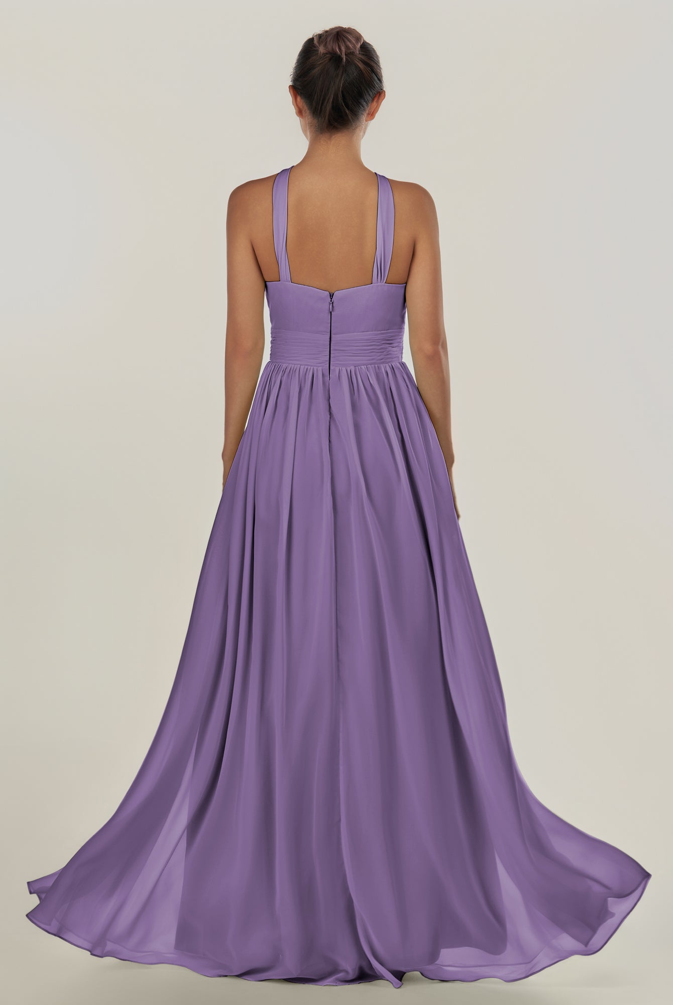 KissDress-Ciri Tahiti A Line Chiffon Halter Neck Pleated Long Bridesmaid Dress with Slit