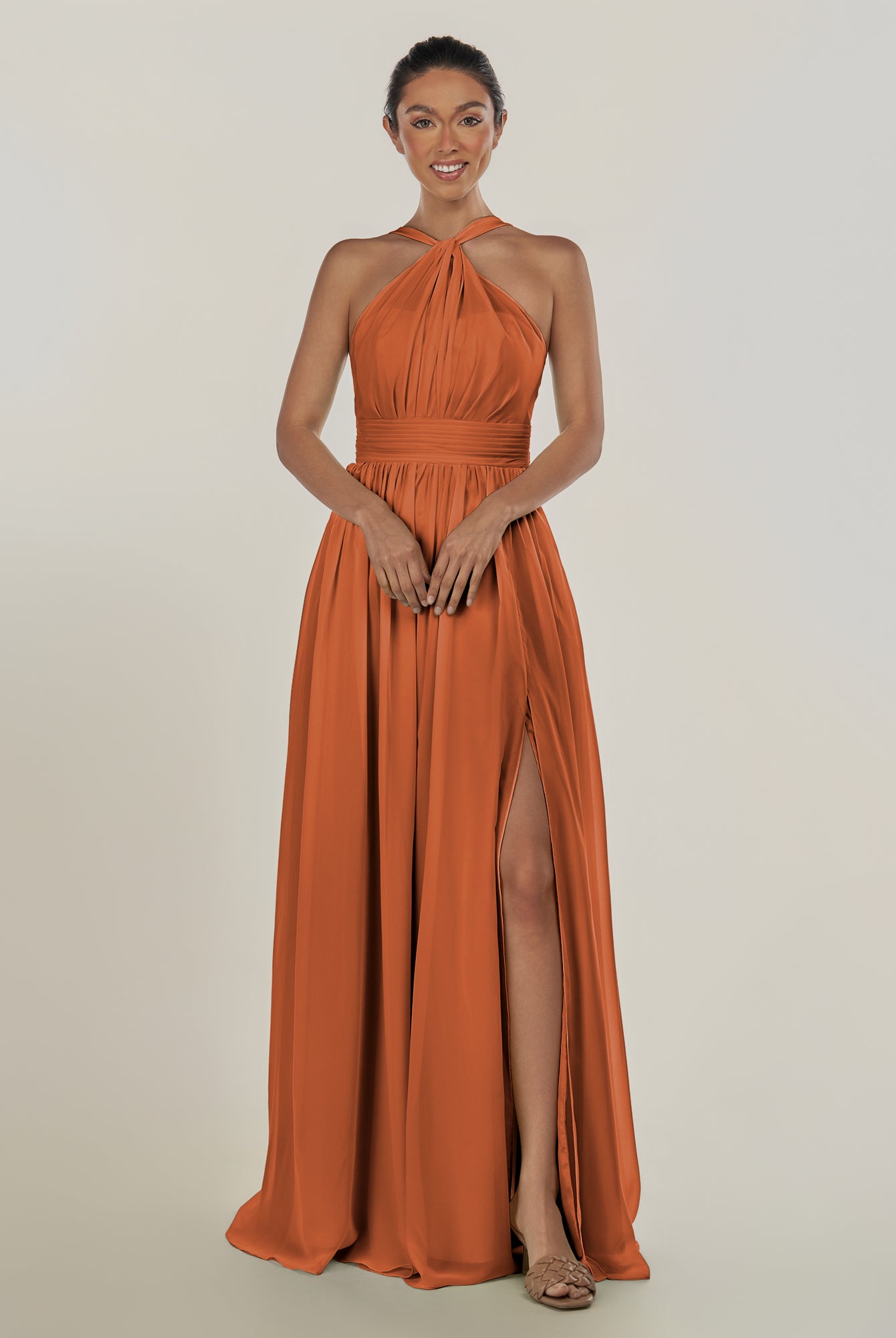 KissDress-Ciri Terracotta A Line Chiffon Halter Neck Pleated Long Bridesmaid Dress with Slit