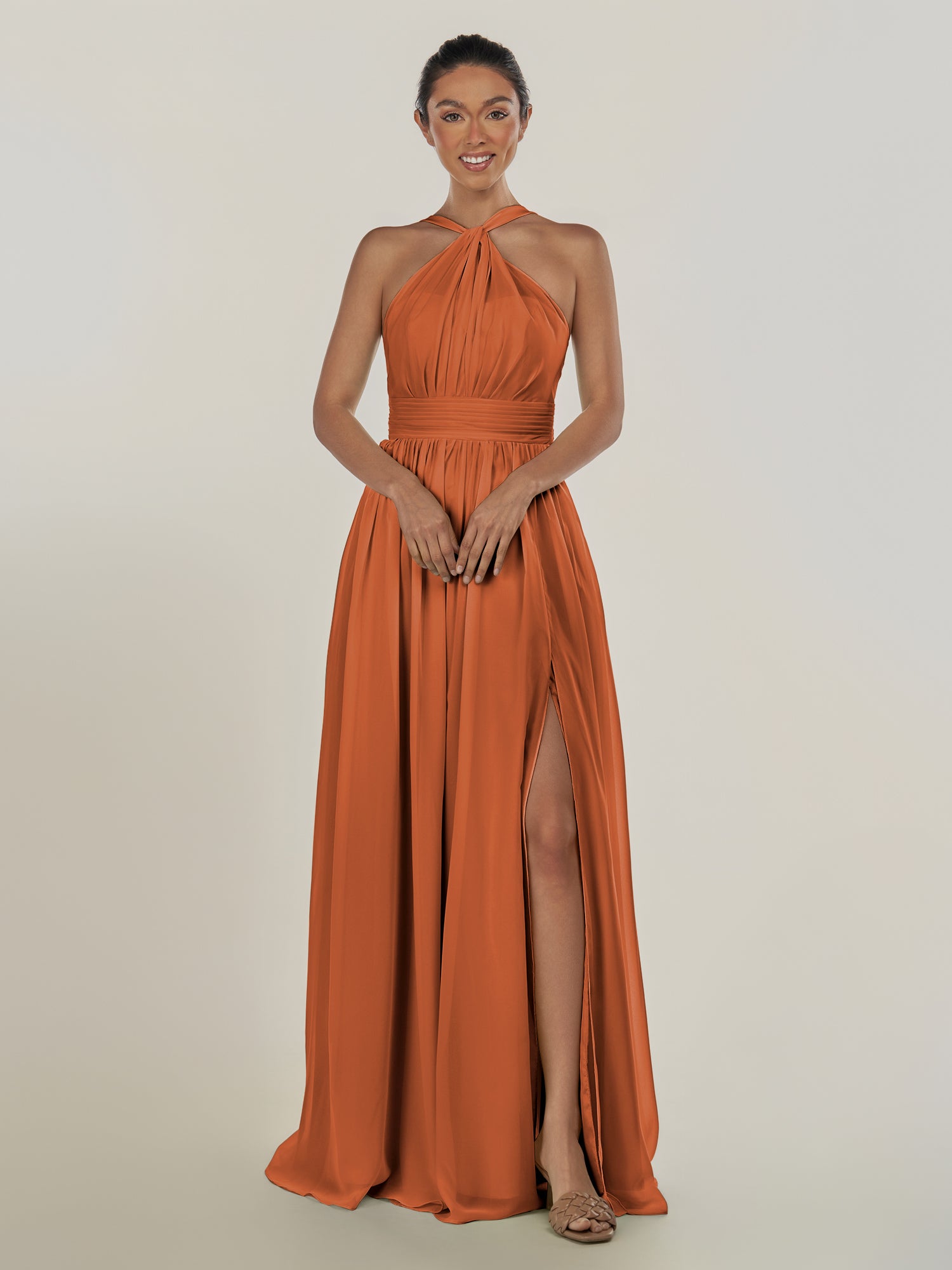 KissDress-Ciri Terracotta A Line Chiffon Halter Neck Pleated Long Bridesmaid Dress with Slit