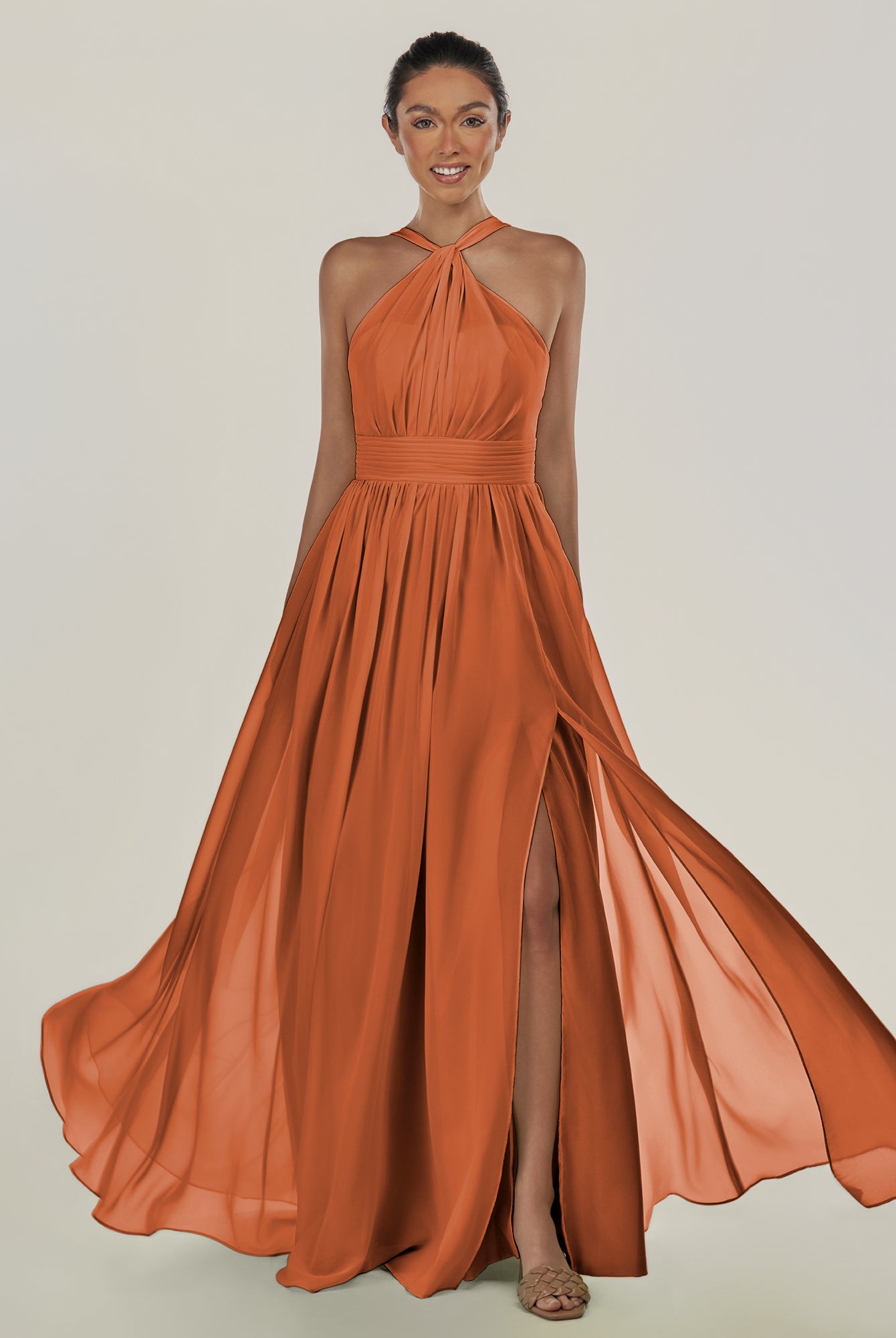 KissDress-Ciri Terracotta A Line Chiffon Halter Neck Pleated Long Bridesmaid Dress with Slit
