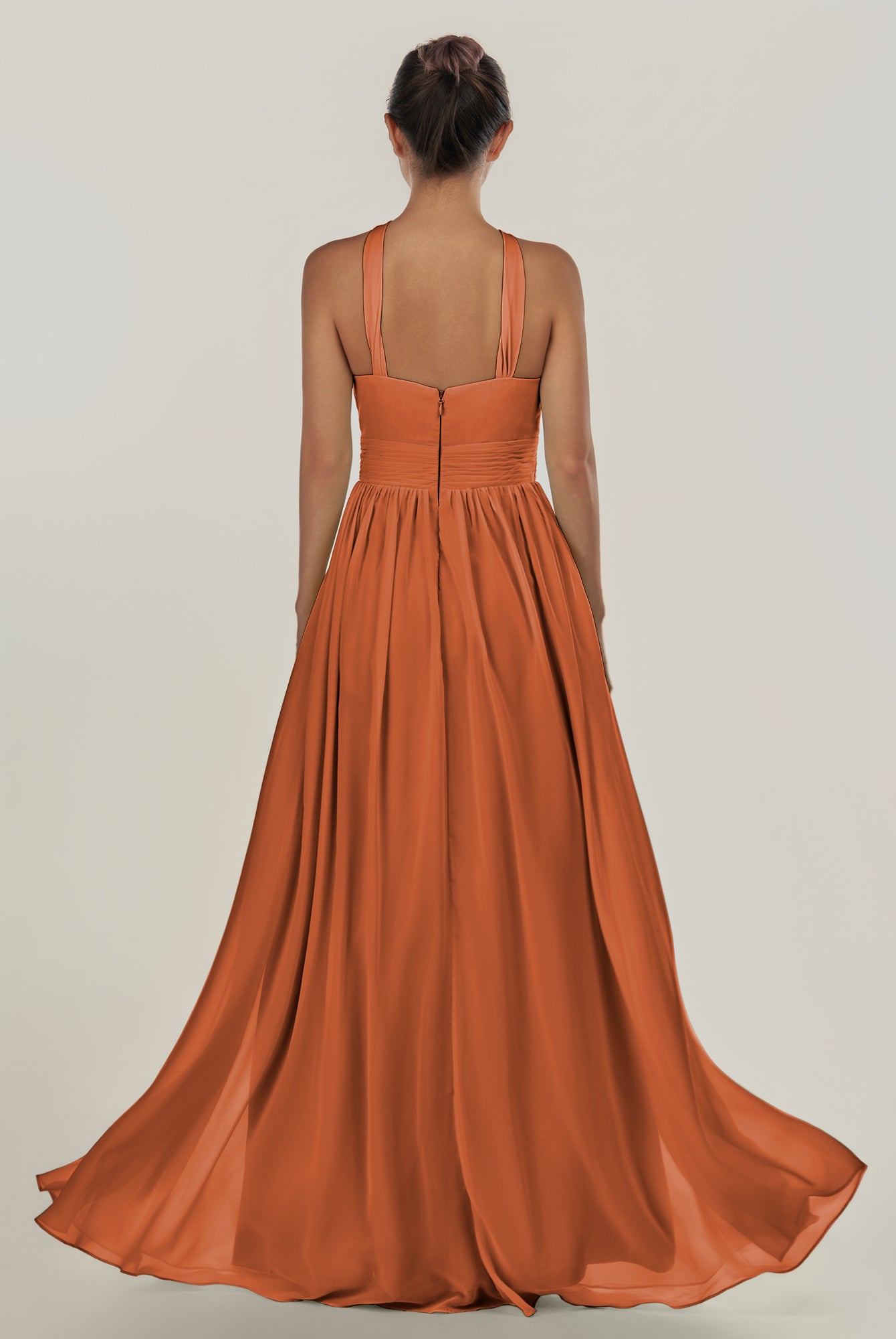 KissDress-Ciri Terracotta A Line Chiffon Halter Neck Pleated Long Bridesmaid Dress with Slit