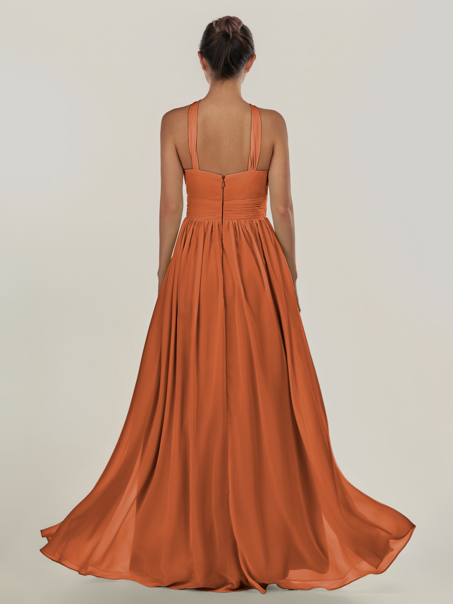 KissDress-Ciri Terracotta A Line Chiffon Halter Neck Pleated Long Bridesmaid Dress with Slit