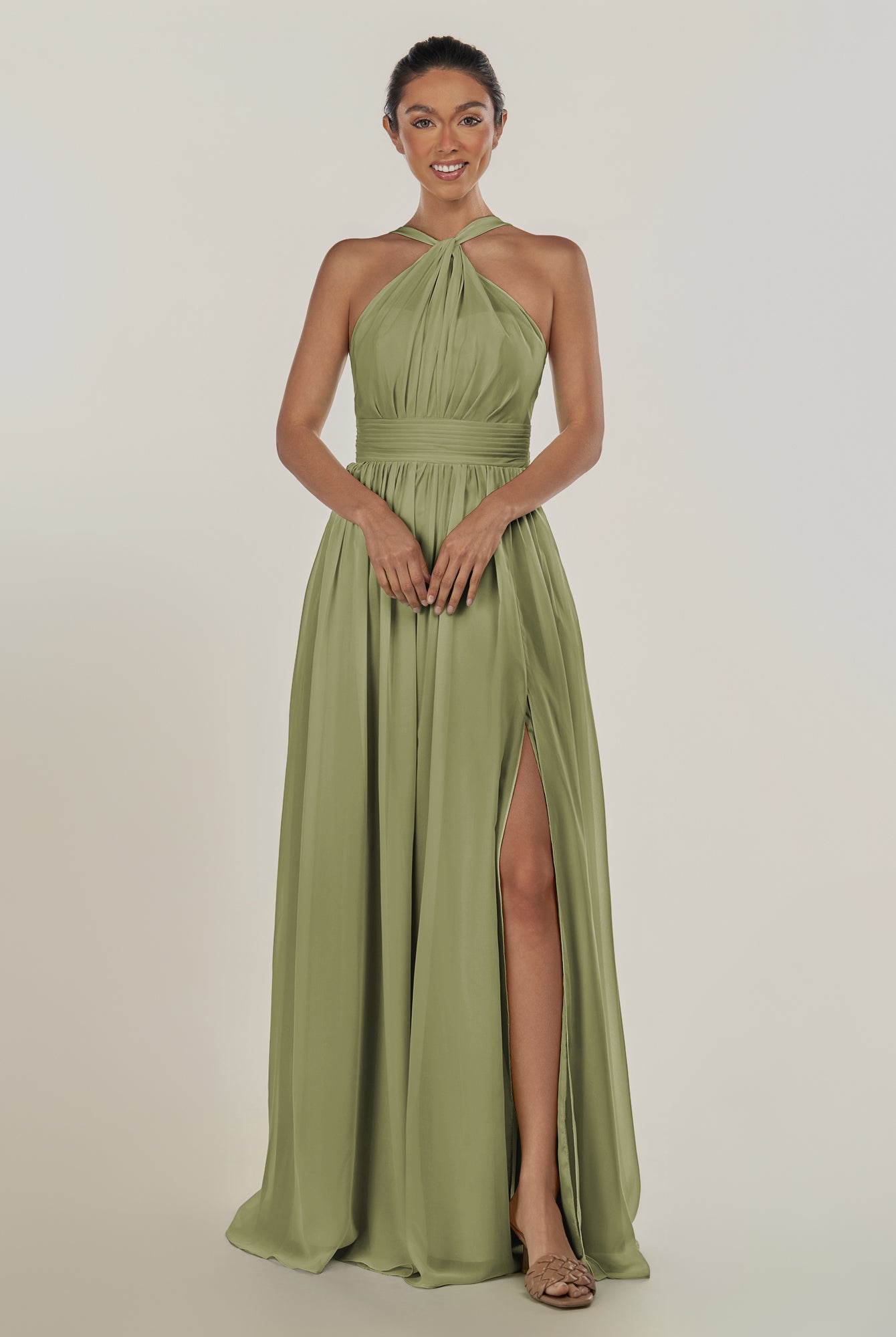 KissDress-Ciri Thyme A Line Chiffon Halter Neck Pleated Long Bridesmaid Dress with Slit