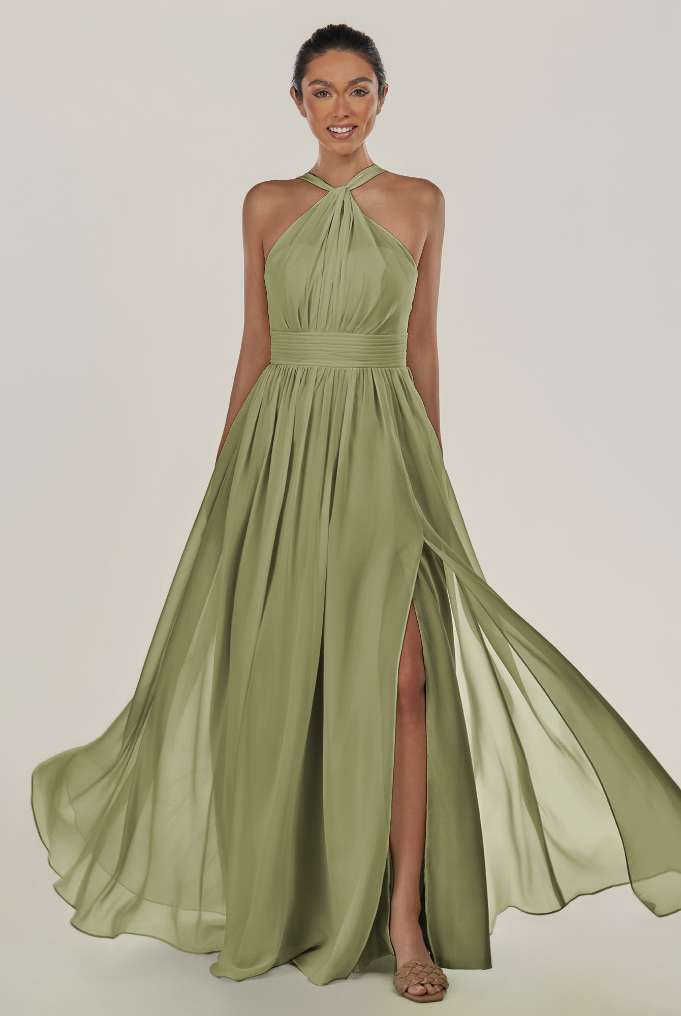 KissDress-Ciri Thyme A Line Chiffon Halter Neck Pleated Long Bridesmaid Dress with Slit