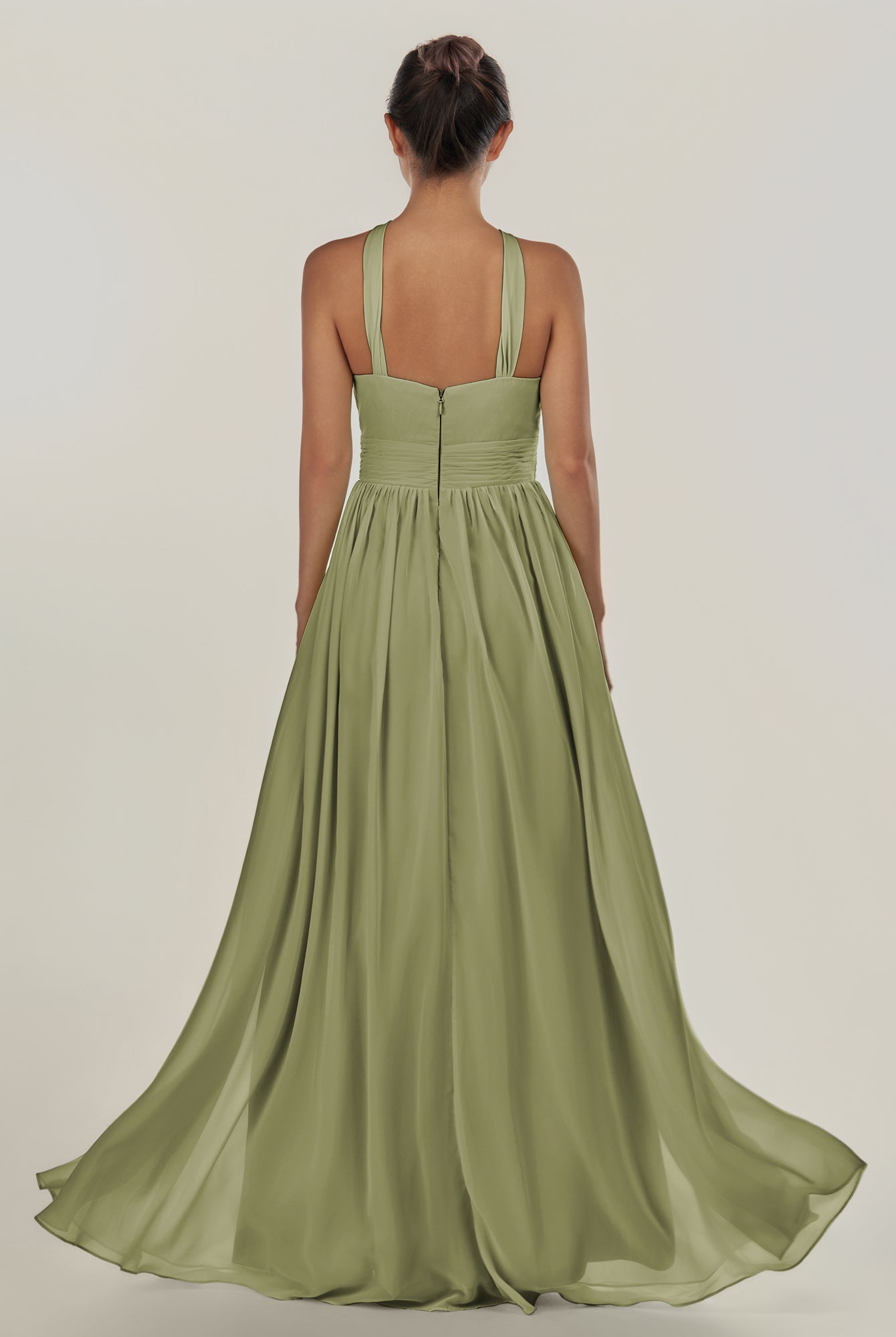 KissDress-Ciri Thyme A Line Chiffon Halter Neck Pleated Long Bridesmaid Dress with Slit