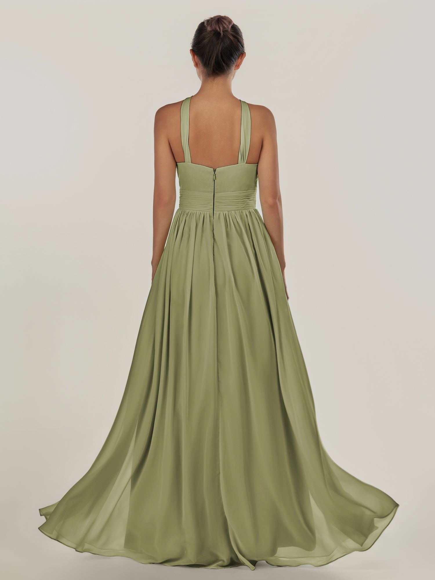 KissDress-Ciri Thyme A Line Chiffon Halter Neck Pleated Long Bridesmaid Dress with Slit