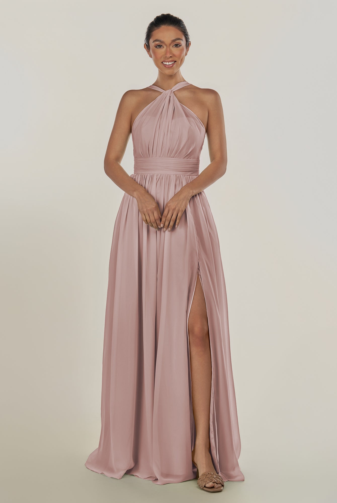 KissDress-Ciri Toffee A Line Chiffon Halter Neck Pleated Long Bridesmaid Dress with Slit