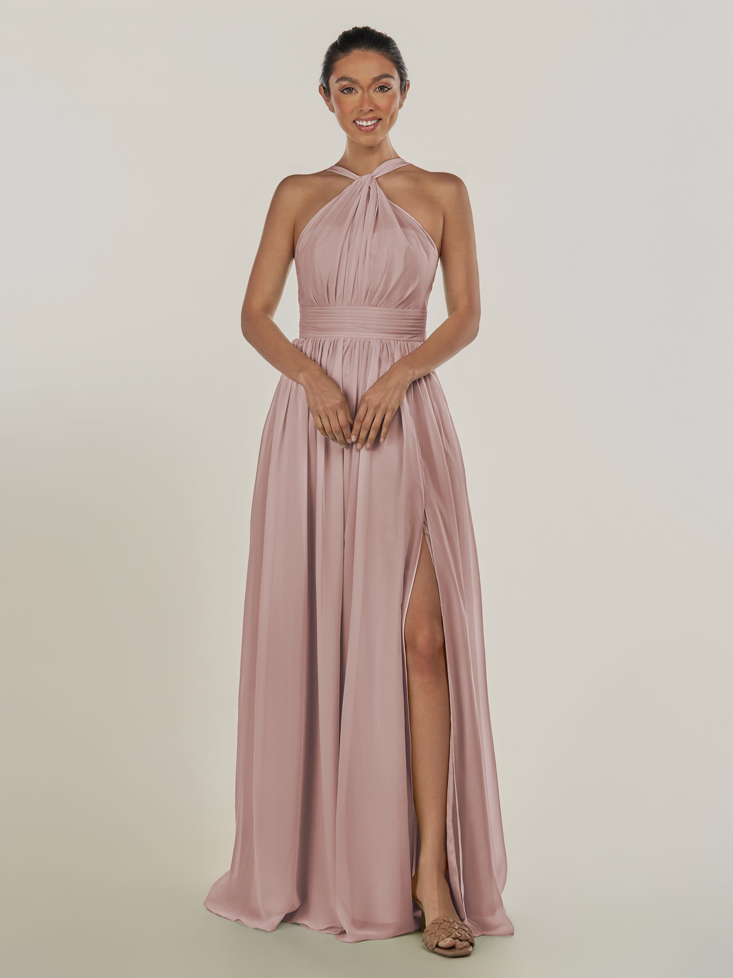 KissDress-Ciri Toffee A Line Chiffon Halter Neck Pleated Long Bridesmaid Dress with Slit