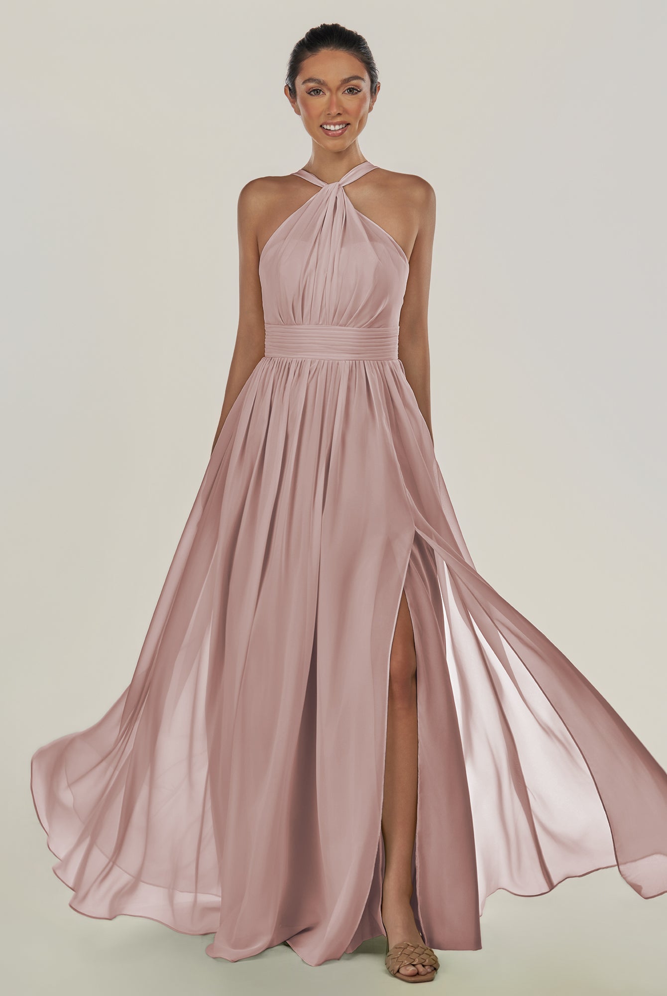 KissDress-Ciri Toffee A Line Chiffon Halter Neck Pleated Long Bridesmaid Dress with Slit