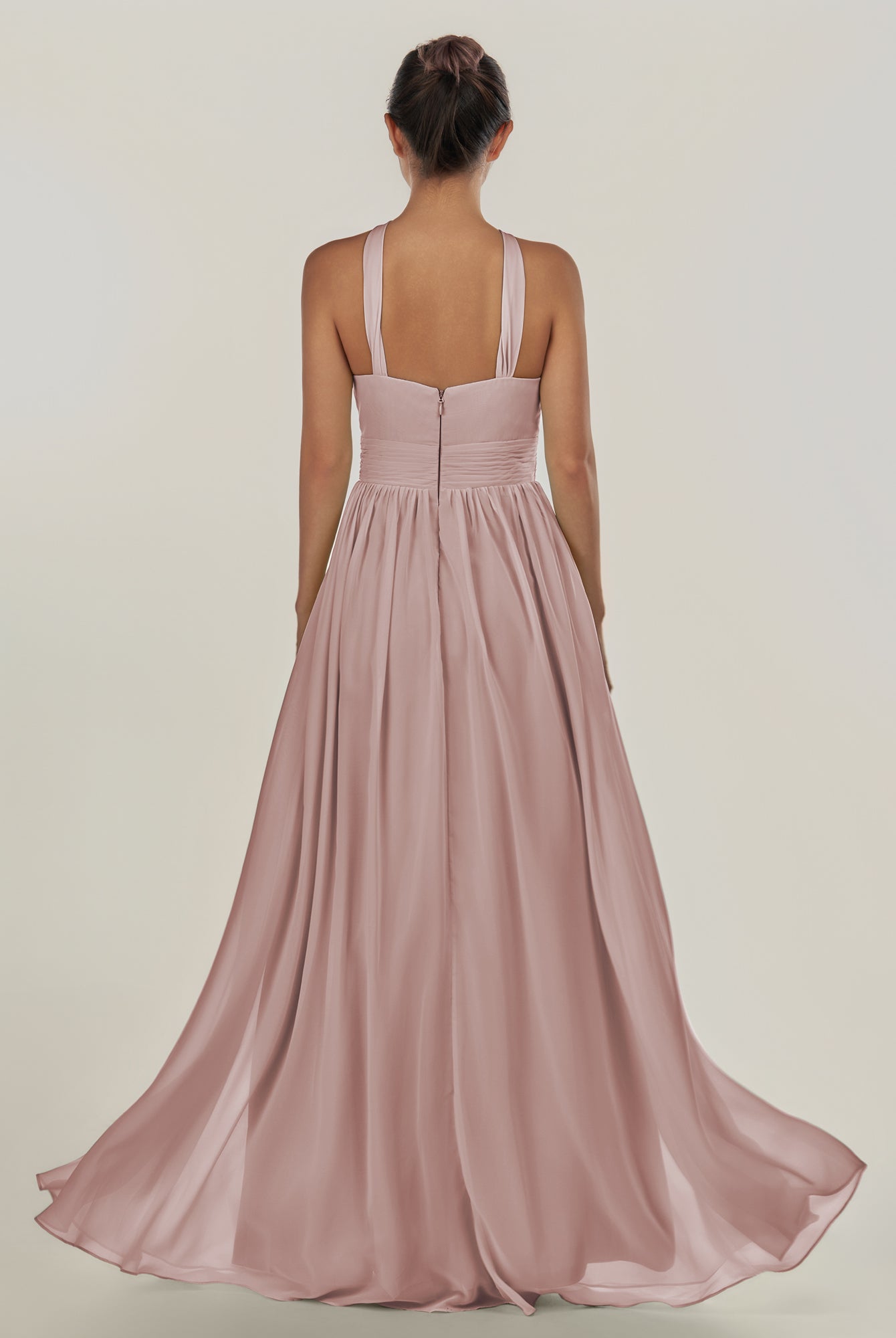 KissDress-Ciri Toffee A Line Chiffon Halter Neck Pleated Long Bridesmaid Dress with Slit