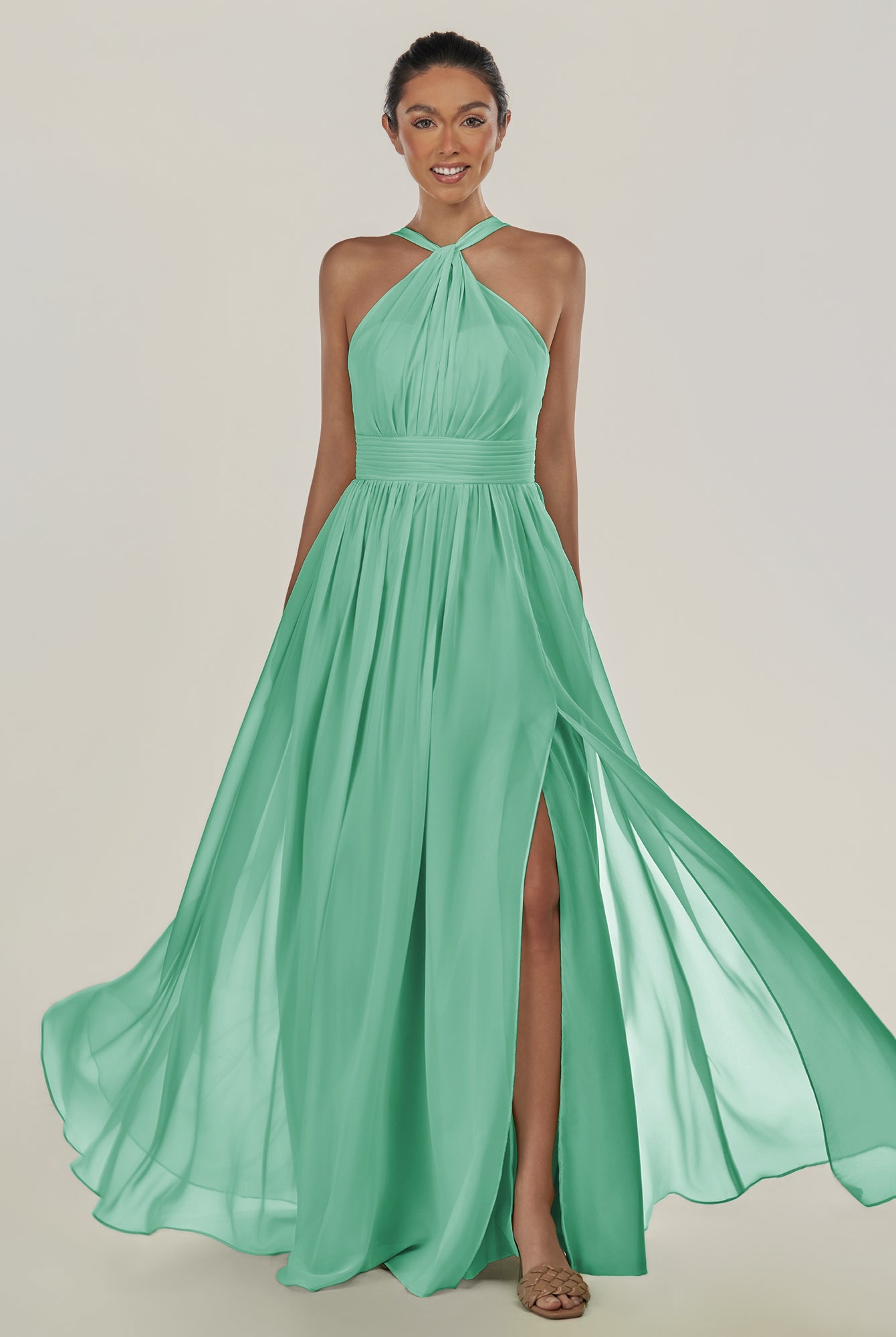 KissDress-Ciri Turquoise A Line Chiffon Halter Neck Pleated Long Bridesmaid Dress with Slit