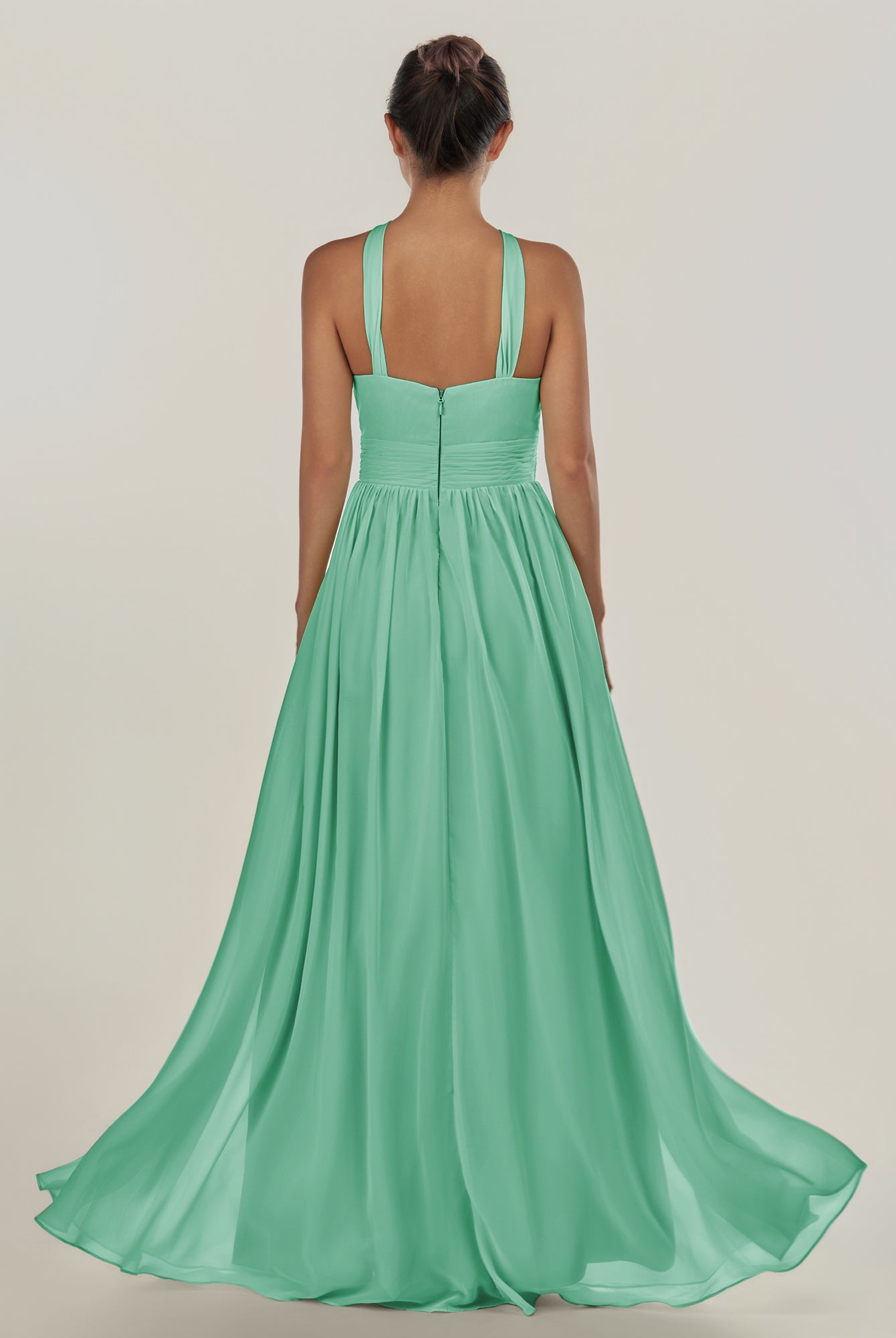 KissDress-Ciri Turquoise A Line Chiffon Halter Neck Pleated Long Bridesmaid Dress with Slit