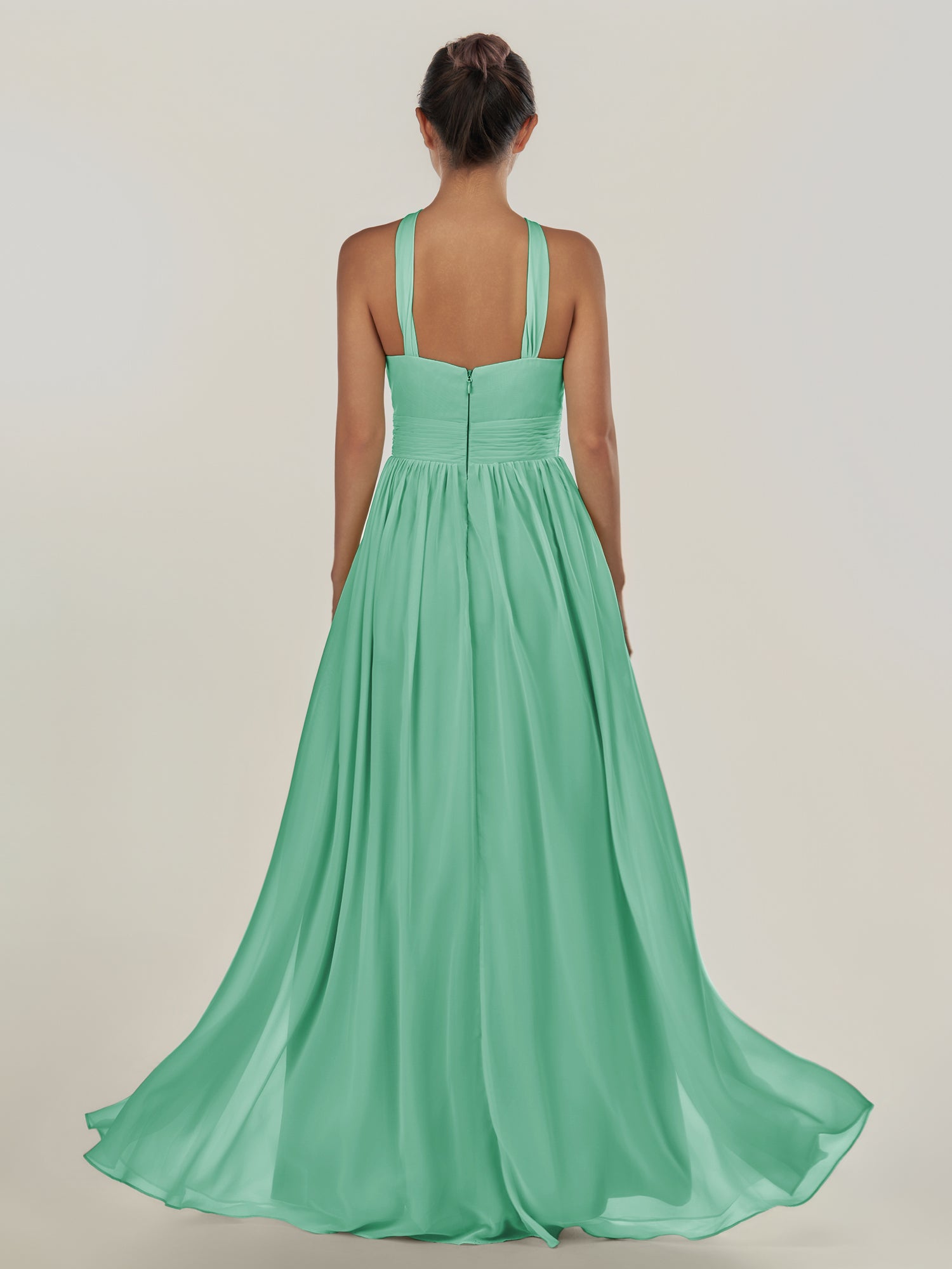 KissDress-Ciri Turquoise A Line Chiffon Halter Neck Pleated Long Bridesmaid Dress with Slit