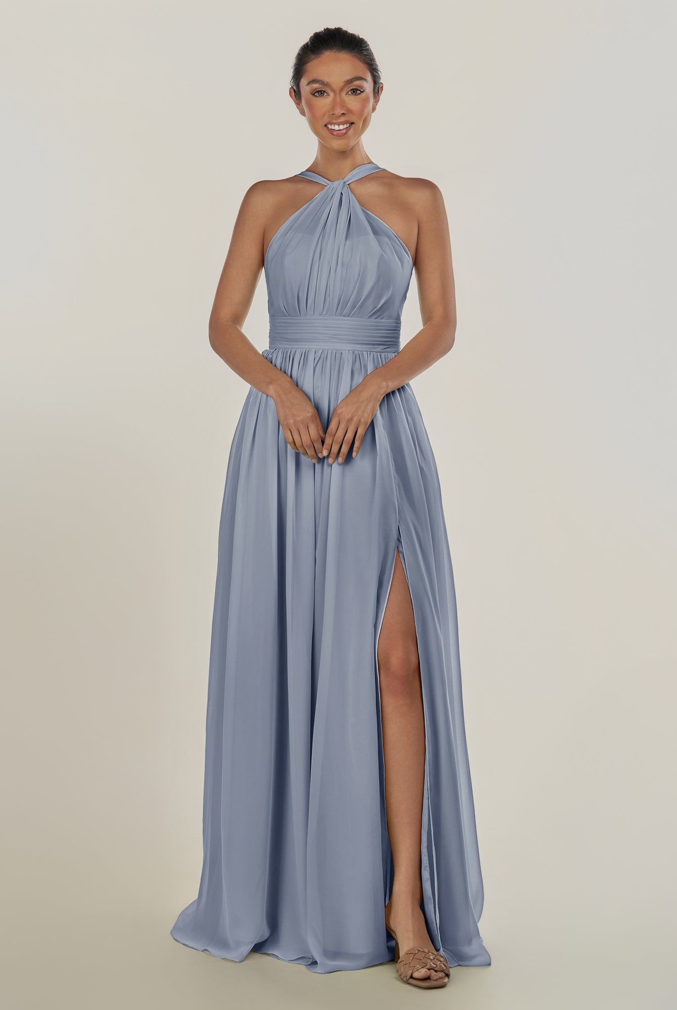 KissDress-Ciri Twilight A Line Chiffon Halter Neck Pleated Long Bridesmaid Dress with Slit