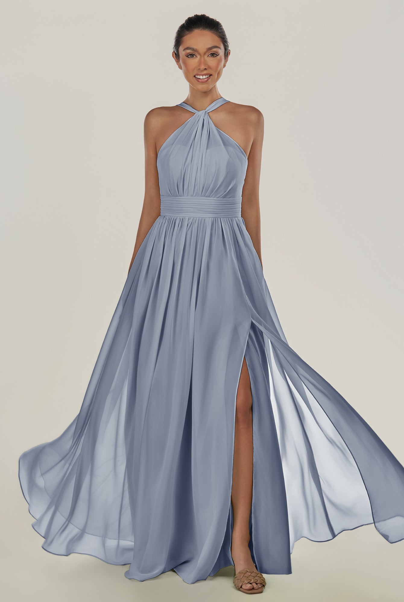 KissDress-Ciri Twilight A Line Chiffon Halter Neck Pleated Long Bridesmaid Dress with Slit