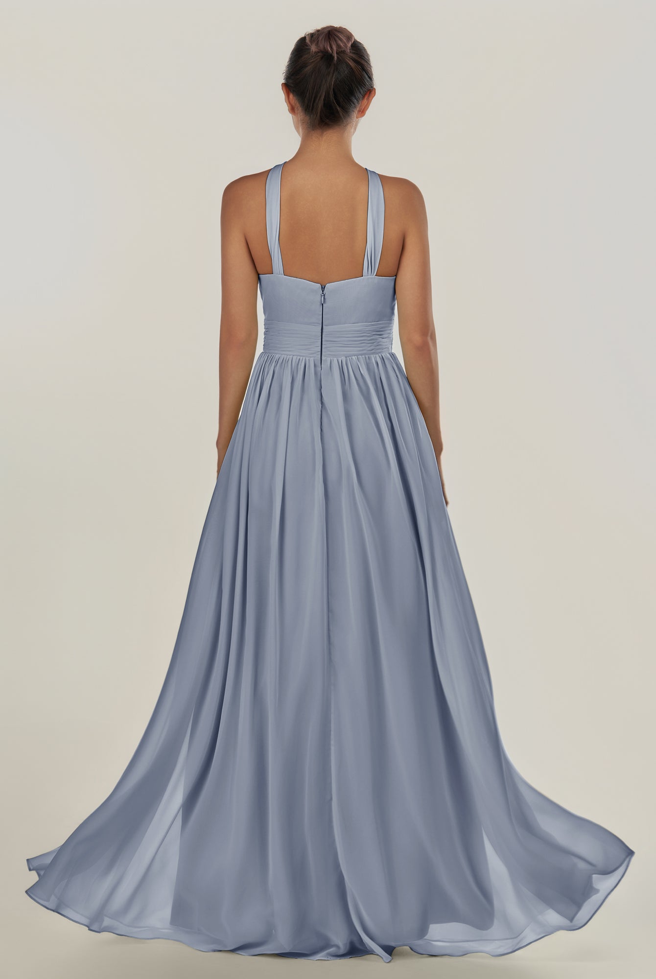 KissDress-Ciri Twilight A Line Chiffon Halter Neck Pleated Long Bridesmaid Dress with Slit