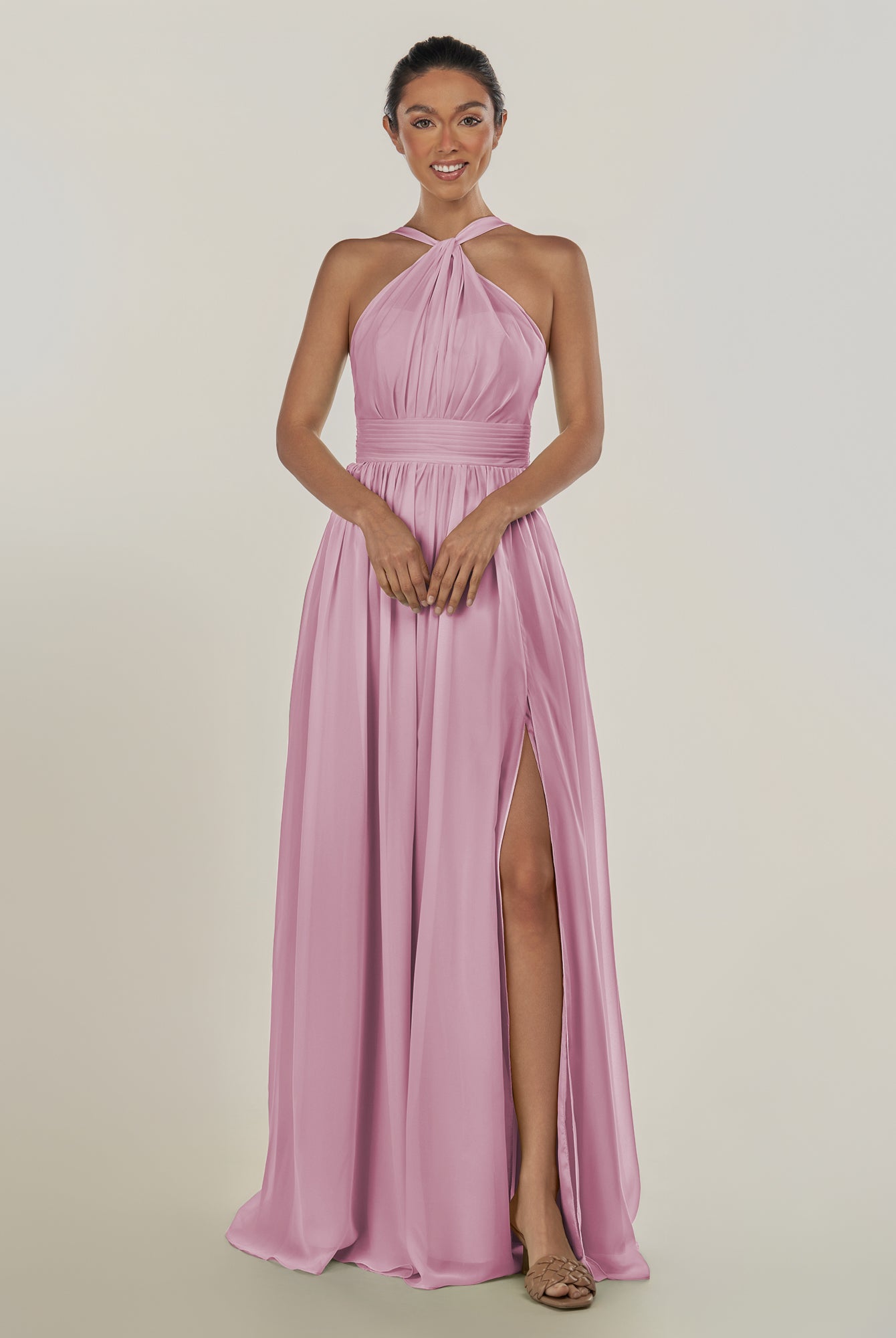 KissDress-Ciri Vintage Mauve A Line Chiffon Halter Neck Pleated Long Bridesmaid Dress with Slit