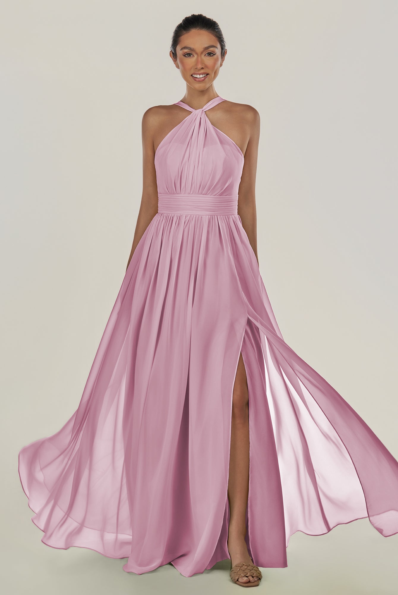 KissDress-Ciri Vintage Mauve A Line Chiffon Halter Neck Pleated Long Bridesmaid Dress with Slit