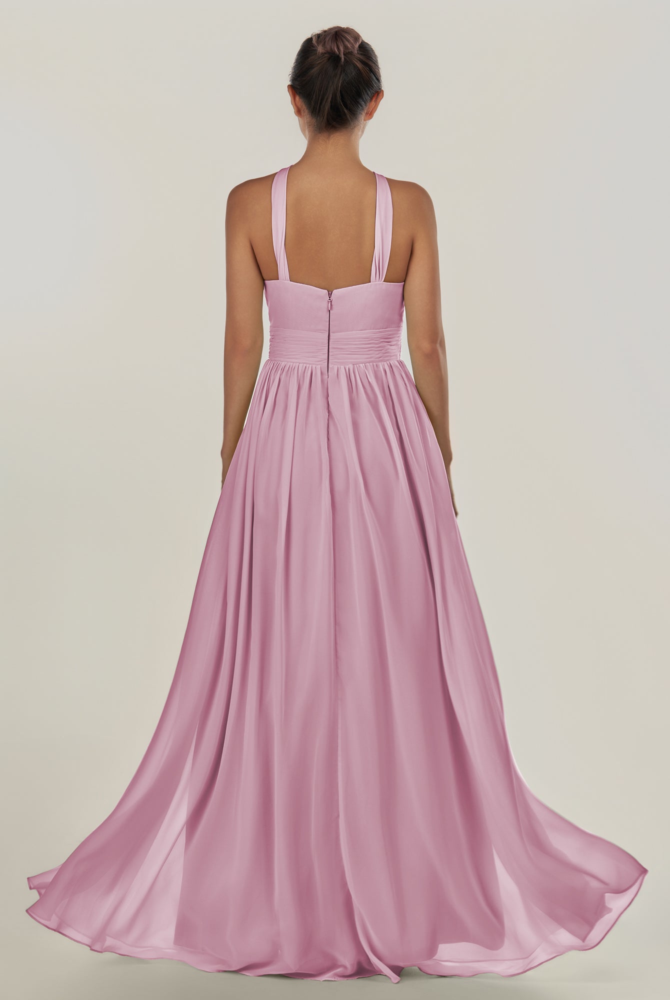 KissDress-Ciri Vintage Mauve A Line Chiffon Halter Neck Pleated Long Bridesmaid Dress with Slit