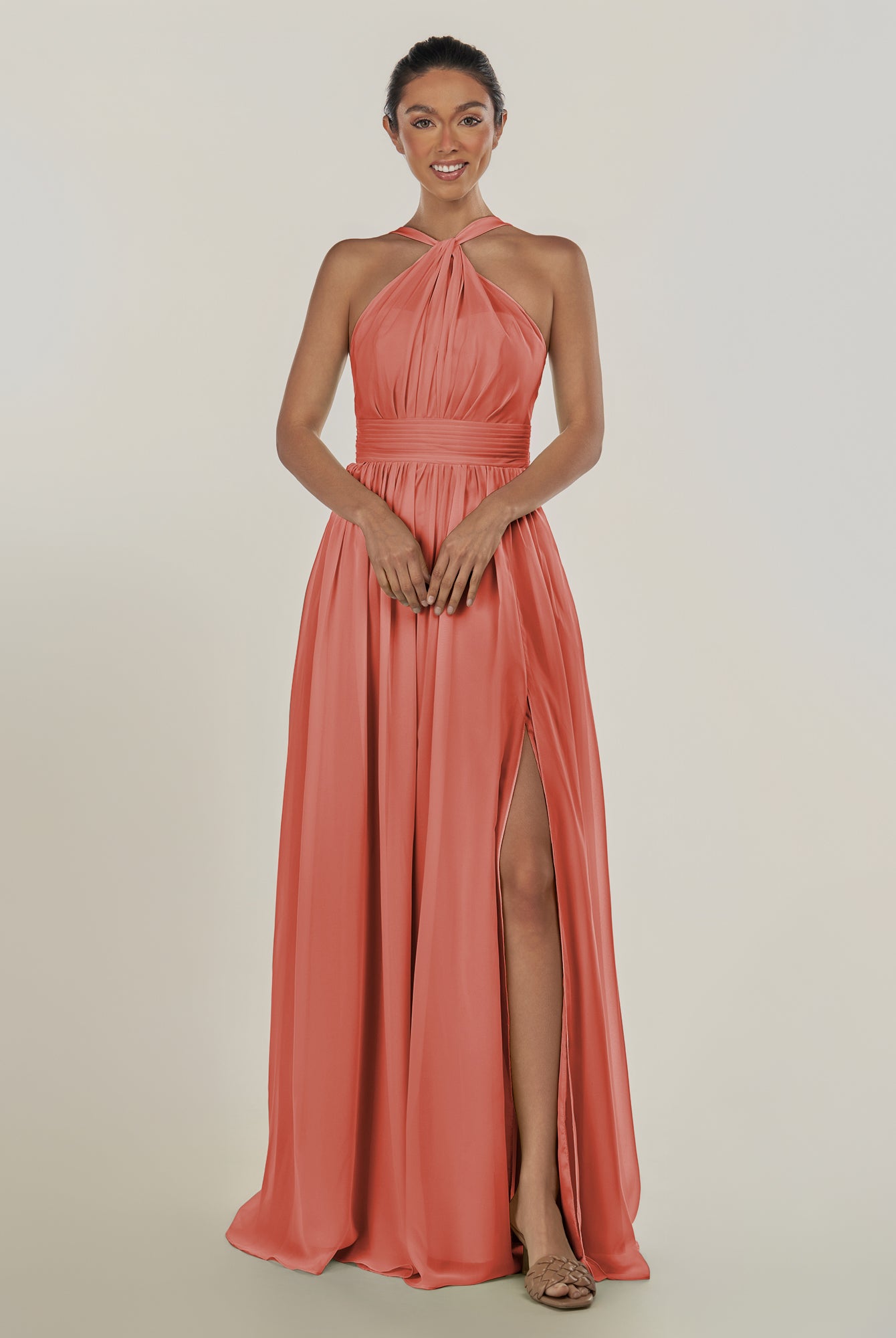 KissDress-Ciri Wild Rose A Line Chiffon Halter Neck Pleated Long Bridesmaid Dress with Slit