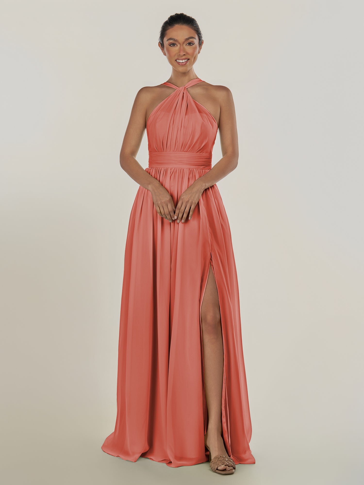 KissDress-Ciri Wild Rose A Line Chiffon Halter Neck Pleated Long Bridesmaid Dress with Slit
