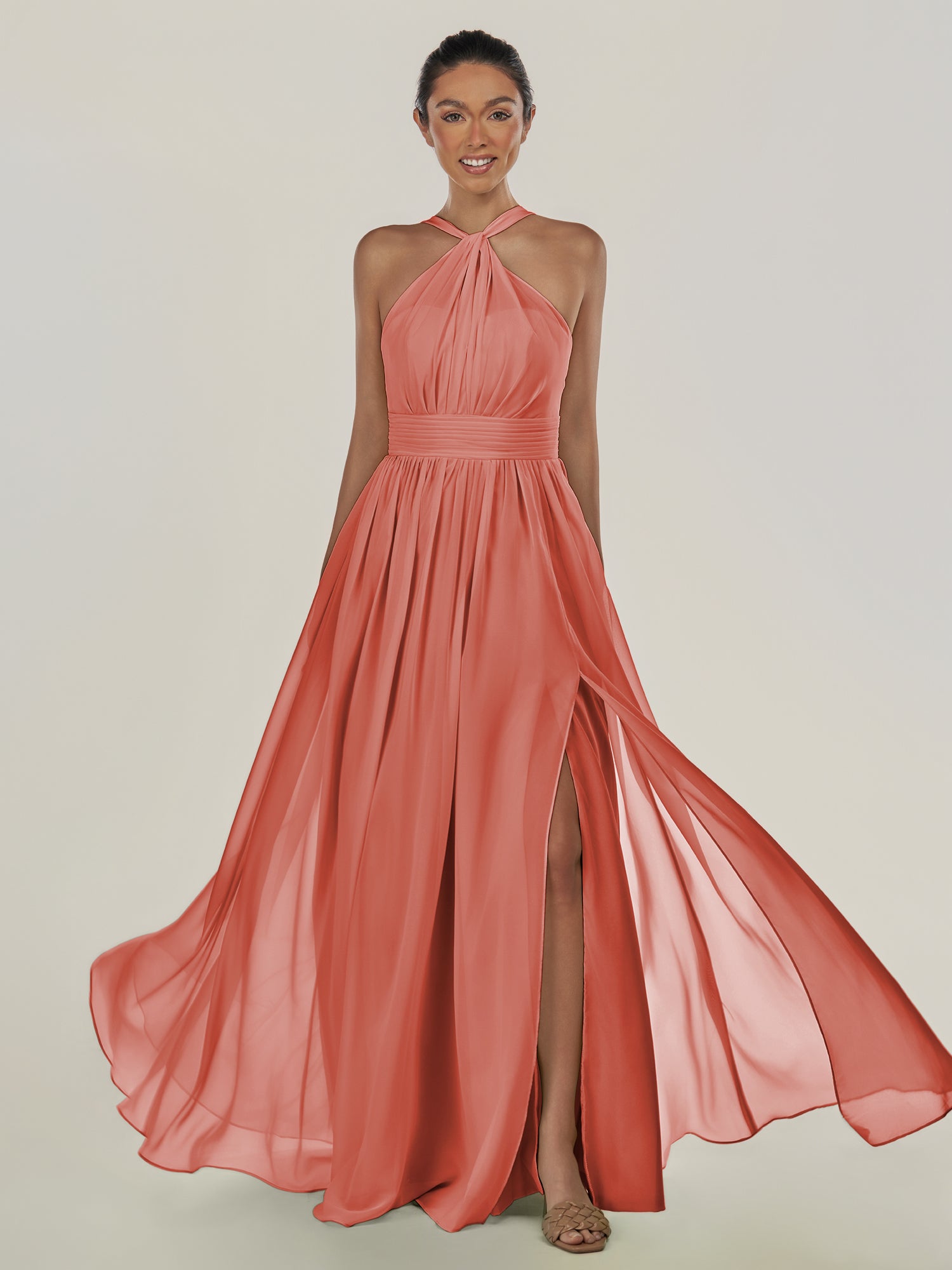 KissDress-Ciri Wild Rose A Line Chiffon Halter Neck Pleated Long Bridesmaid Dress with Slit