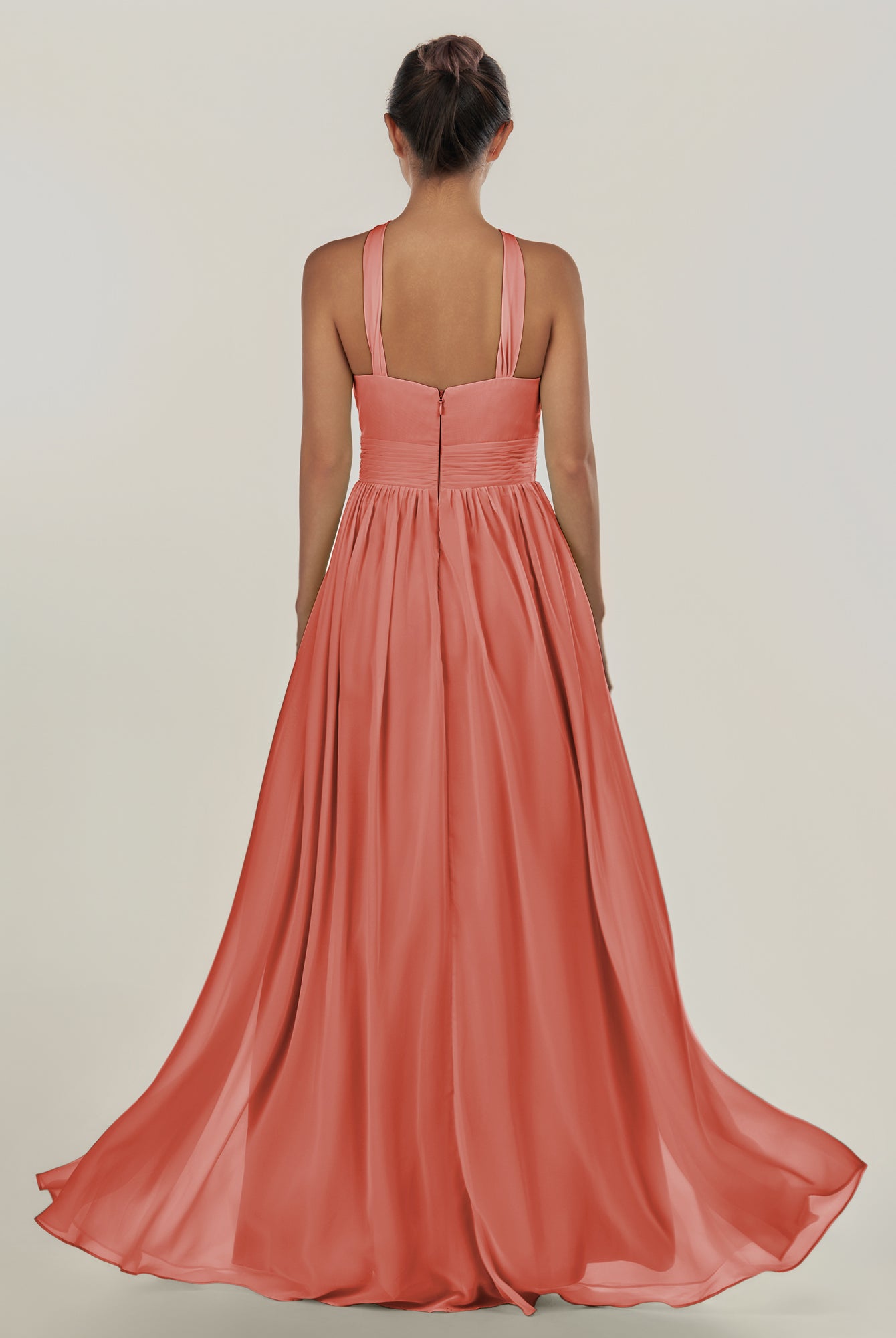 KissDress-Ciri Wild Rose A Line Chiffon Halter Neck Pleated Long Bridesmaid Dress with Slit