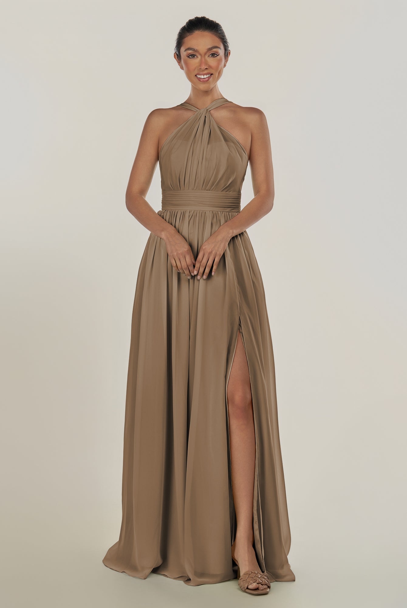 KissDress-Ciri Willow Green A Line Chiffon Halter Neck Pleated Long Bridesmaid Dress with Slit