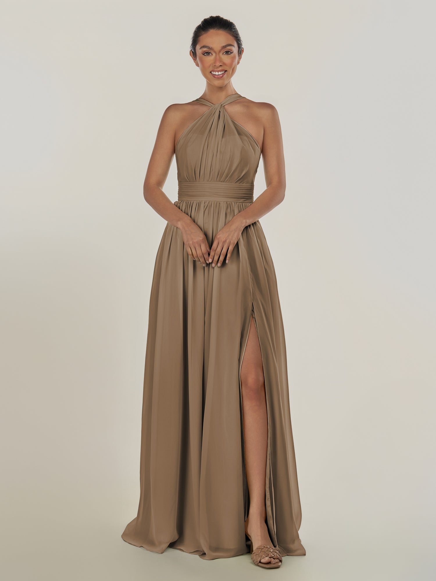 KissDress-Ciri Willow Green A Line Chiffon Halter Neck Pleated Long Bridesmaid Dress with Slit