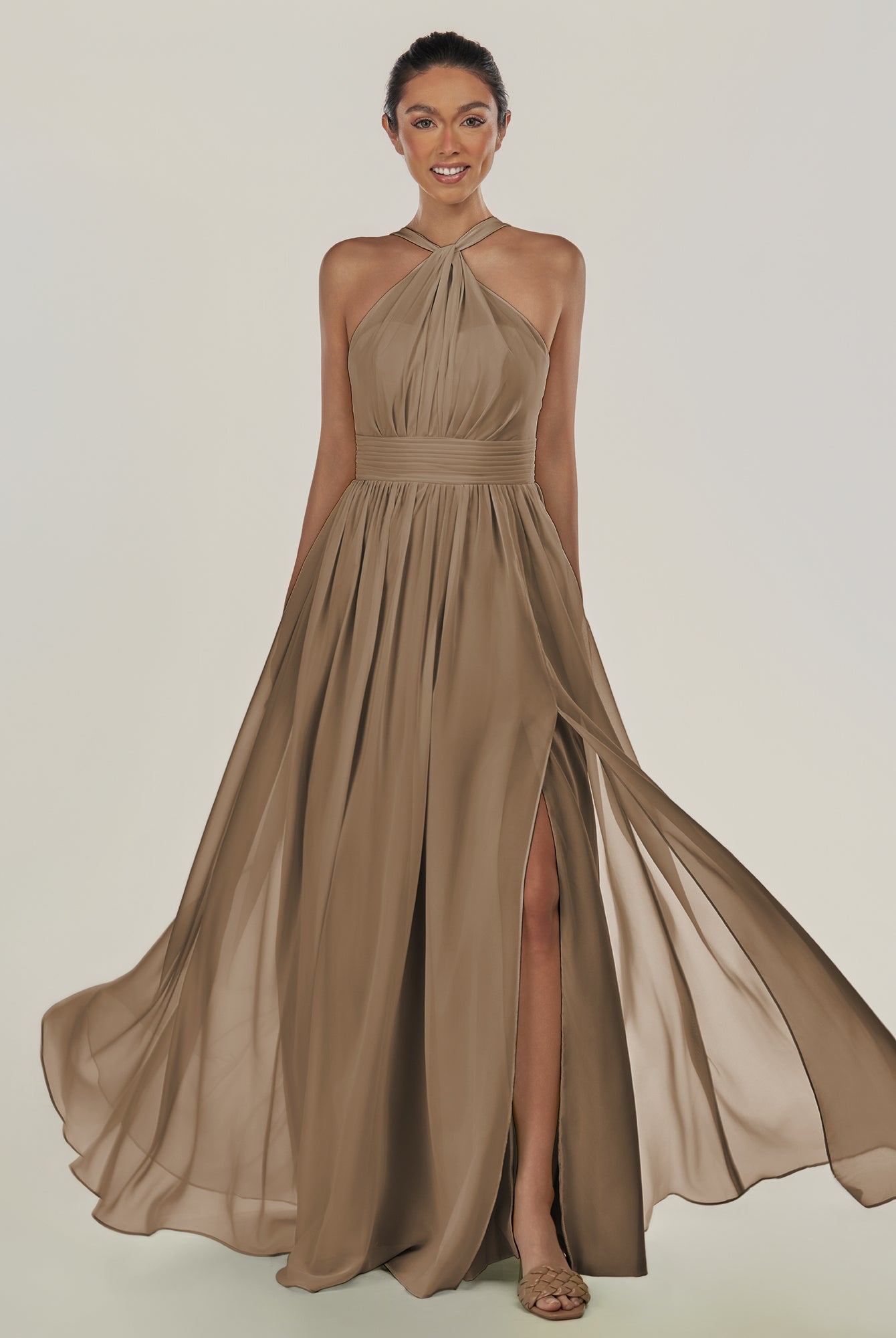 KissDress-Ciri Willow Green A Line Chiffon Halter Neck Pleated Long Bridesmaid Dress with Slit