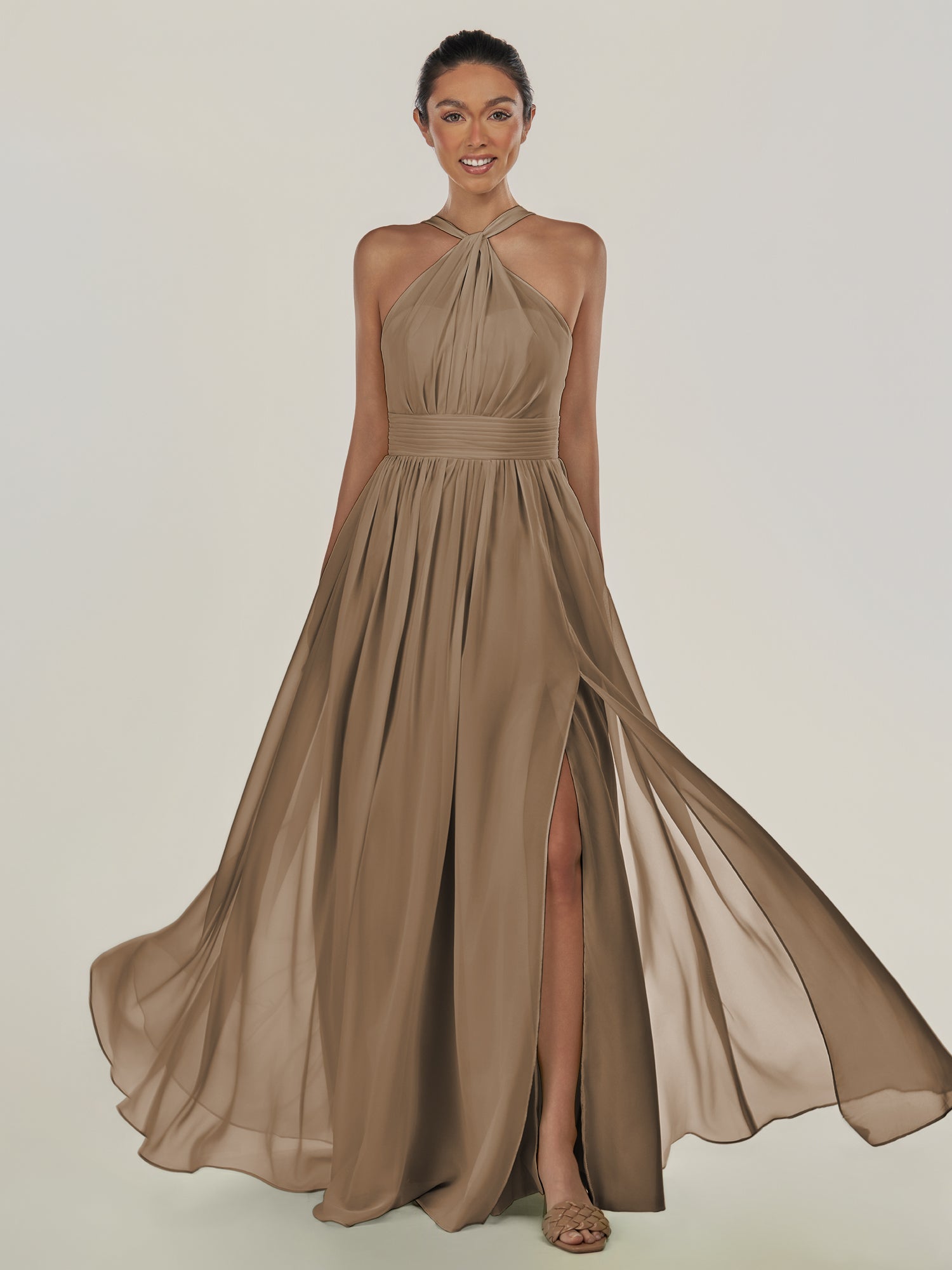 KissDress-Ciri Willow Green A Line Chiffon Halter Neck Pleated Long Bridesmaid Dress with Slit