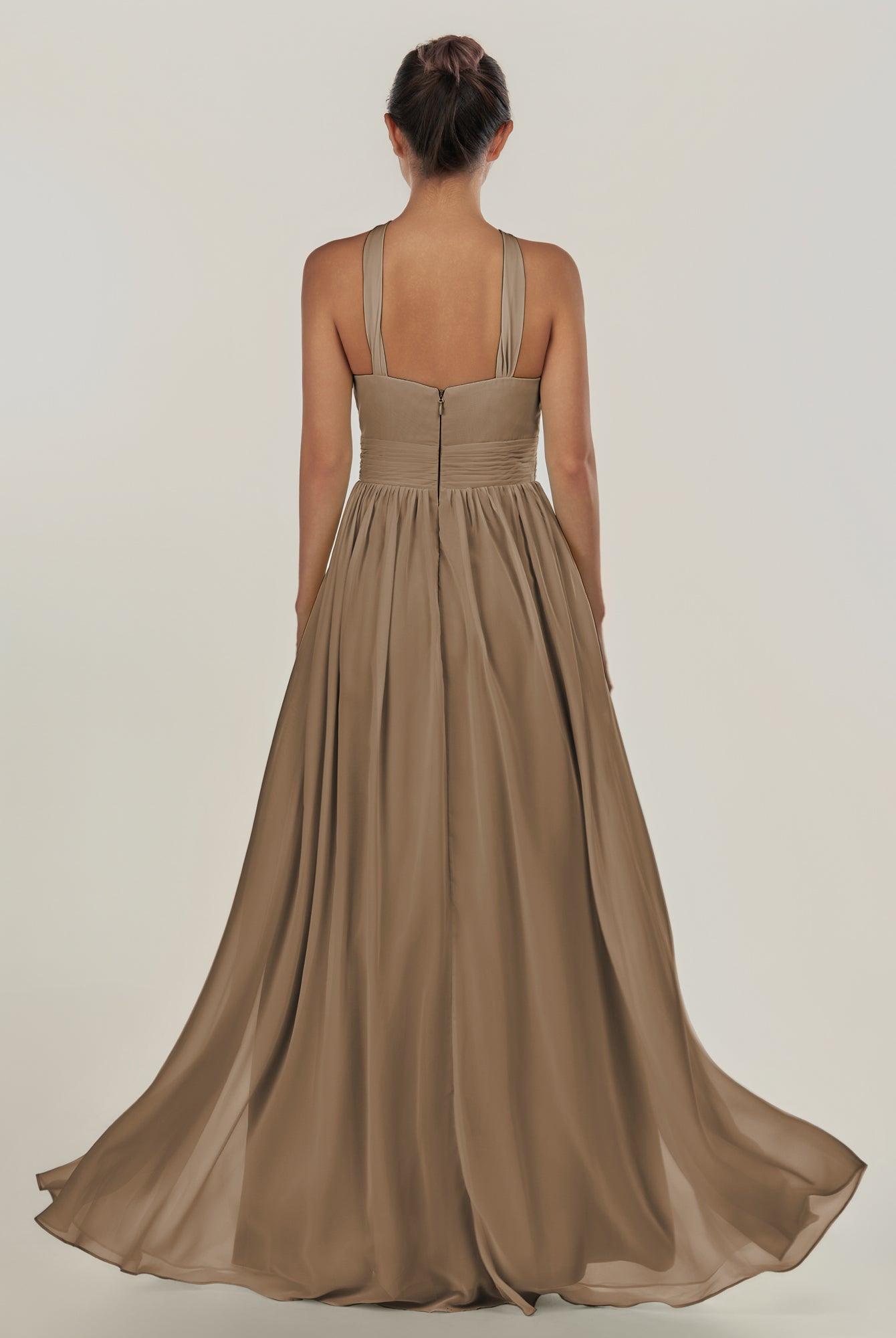 KissDress-Ciri Willow Green A Line Chiffon Halter Neck Pleated Long Bridesmaid Dress with Slit